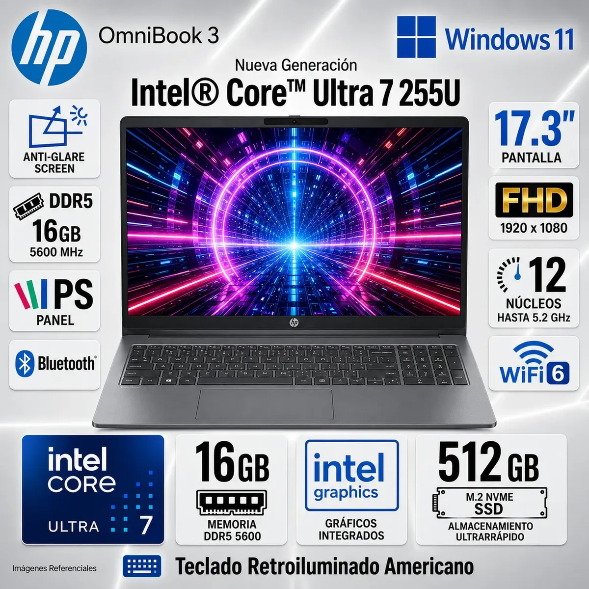HP - Laptop HP OmniBook 3 17-DG0107DX CoreUltra7-255U 16GB 512GB SSD 17" (D7NF3UA#ABA)