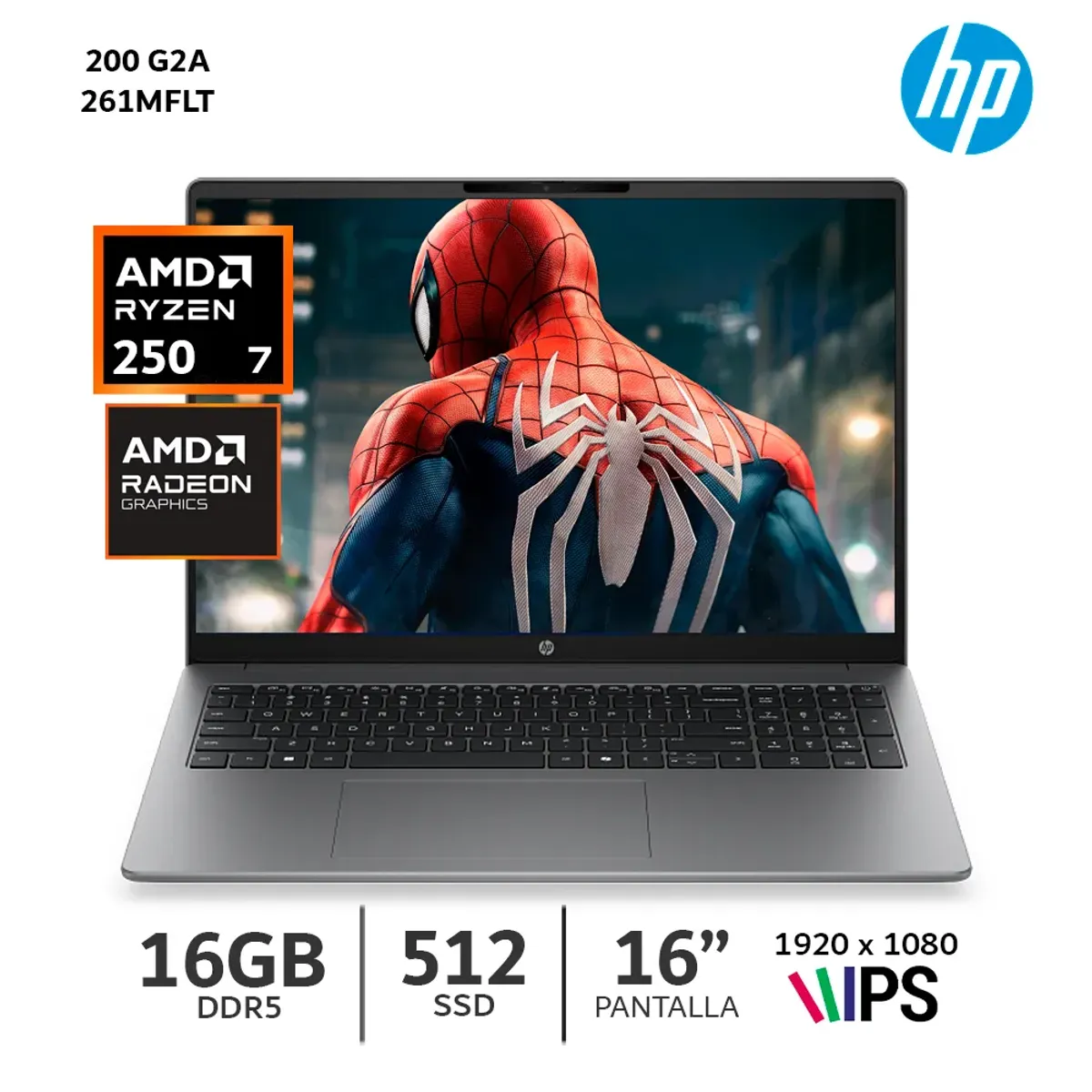 HP - Laptop Hp 200 G2A Ryzen 7-250 Ram 16 Gb DDR5-5600 Ssd 512 Gb / 16" WUXGA - D61MFLT.