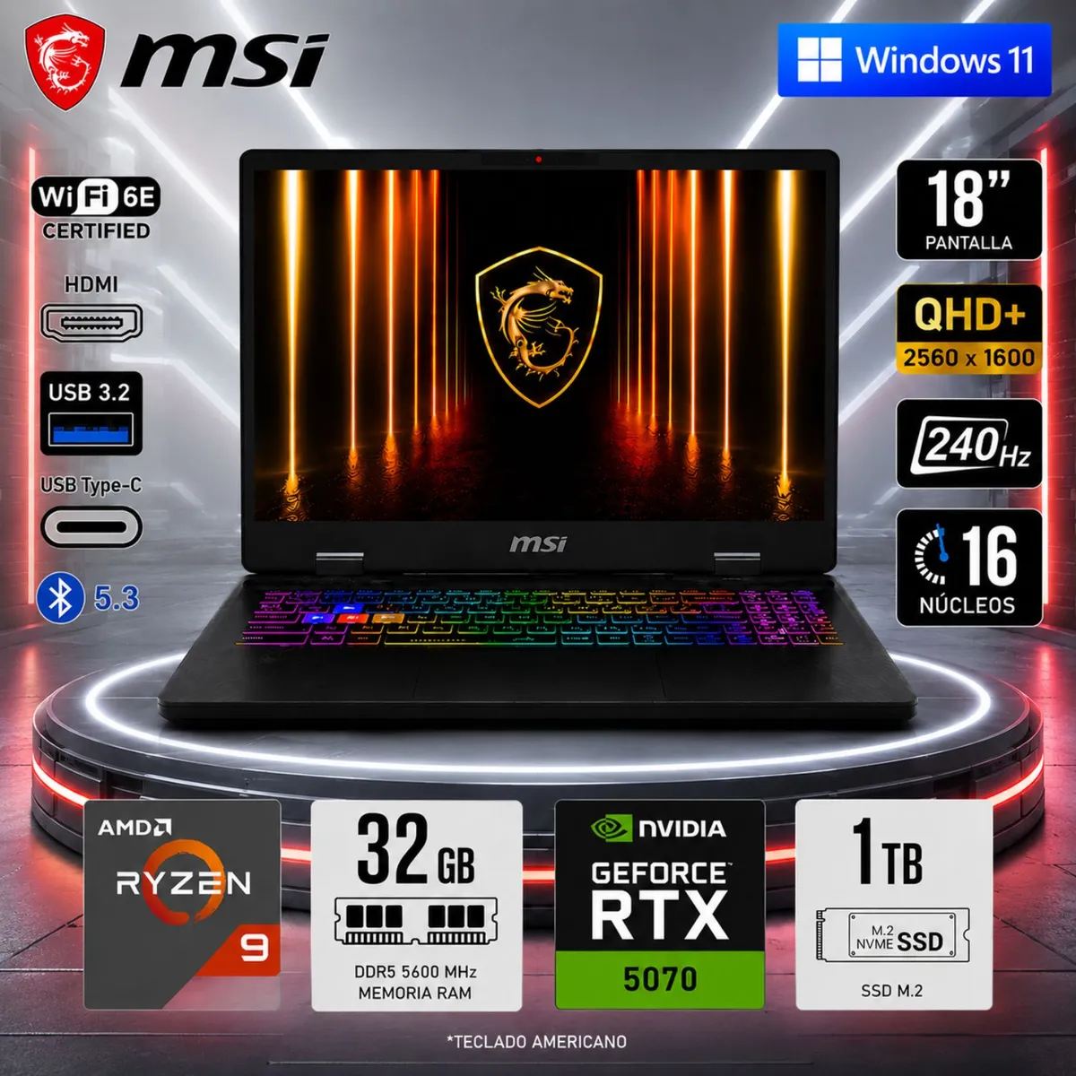 Msi - MSI CROSSHAIR A8WGKG-009US GAMING AMD RYZEN 9 8940HX 32GB RAM1TB SSD 18 QHD+ NVIDIA GEFORCE RTX 5070