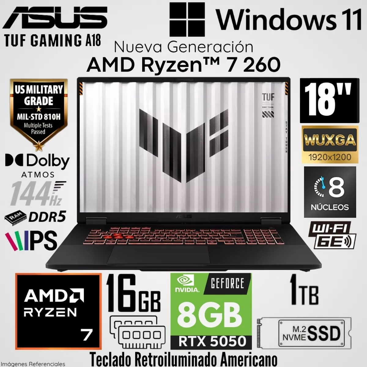 ASUS - Laptop Asus TUF Gaming A18 FA808UH AMD Ryzen 7 260 16GB RAM 1TB SSD RTX 5050-8GB 18"  WUXGA 144Hz