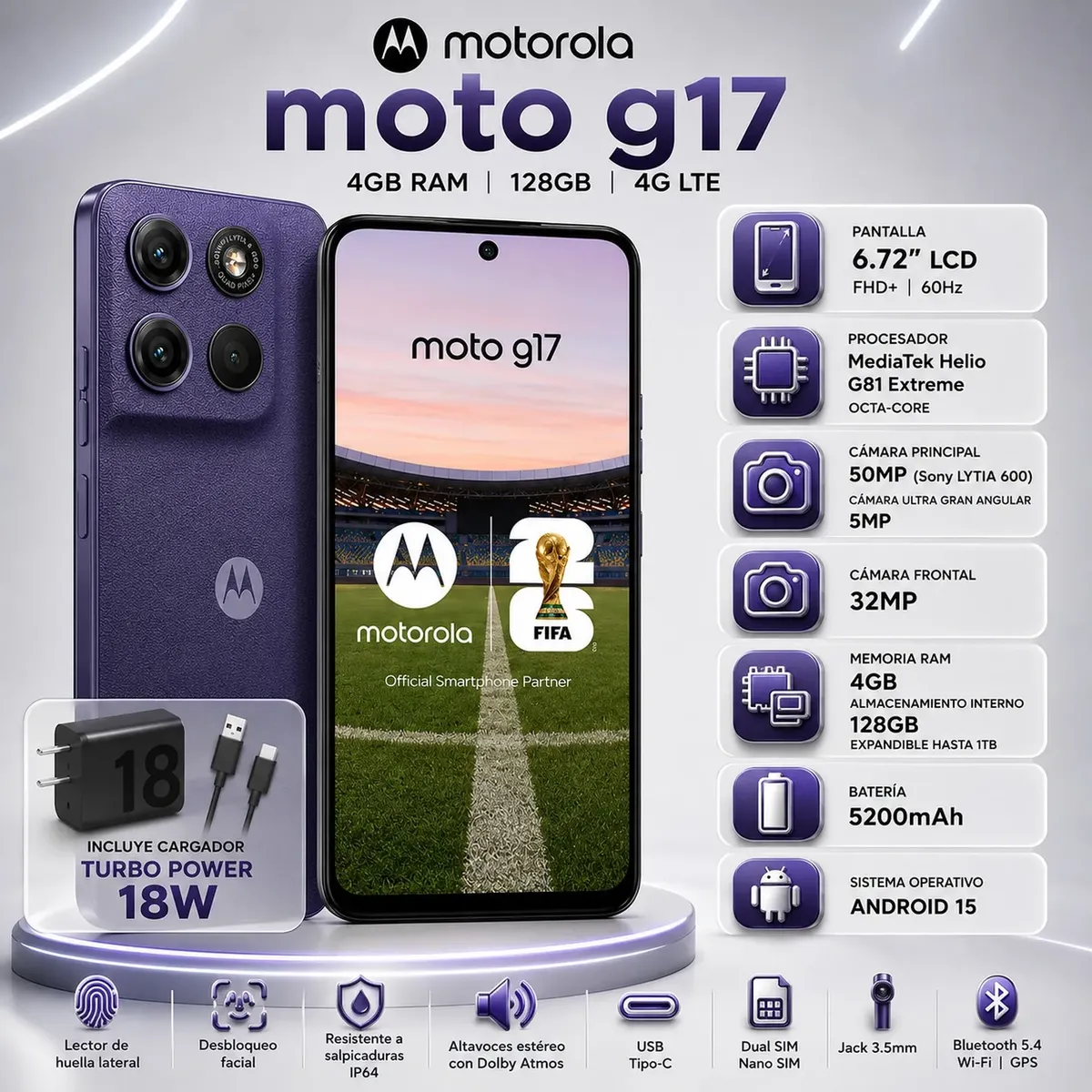 MOTOROLA - Celular Motorola Moto G17 4GB RAM 128GB AZUL ARANDANO 