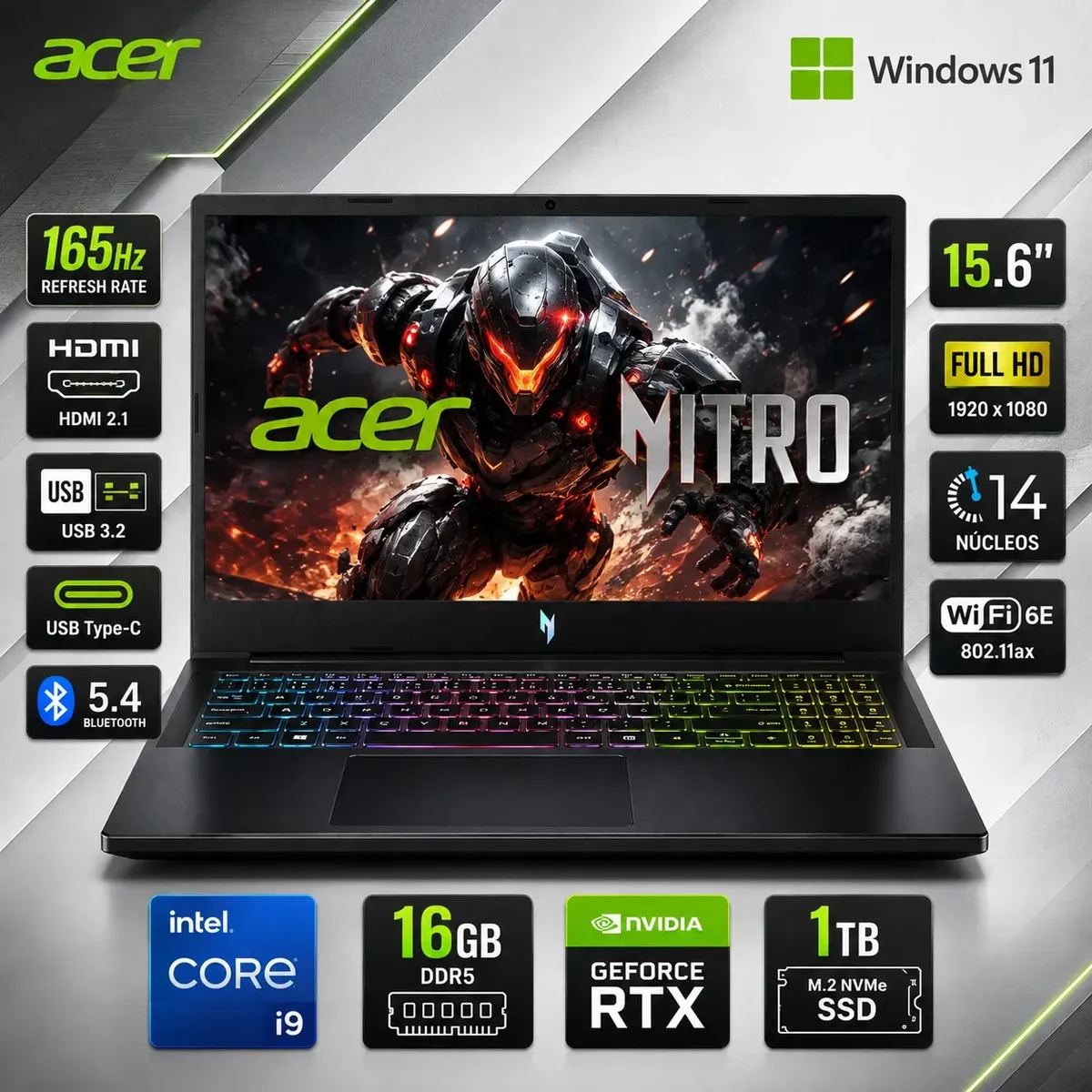 ACER - Laptop Acer Nitro V15 ANV15-52-98KV i9 16GB 1TB RTX5060 15.6 Black