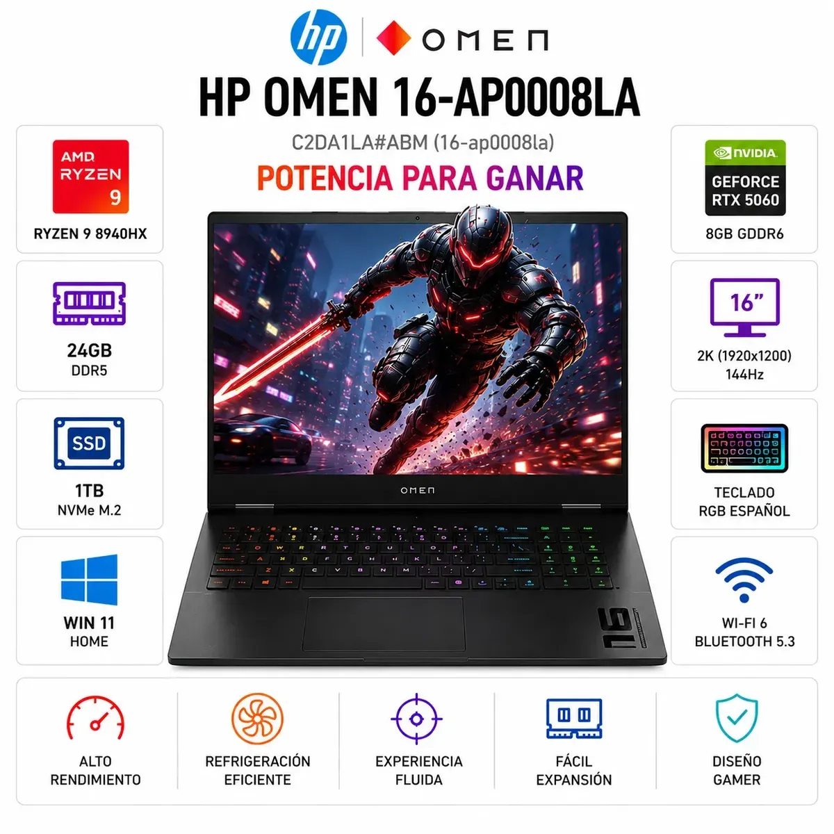 HP - Laptop HP OMEN 16-AP0008LA AMD Ryzen 9 8940HX 24GB RAM 1TB RTX 5060 8GB 16" WUXGA  W11H