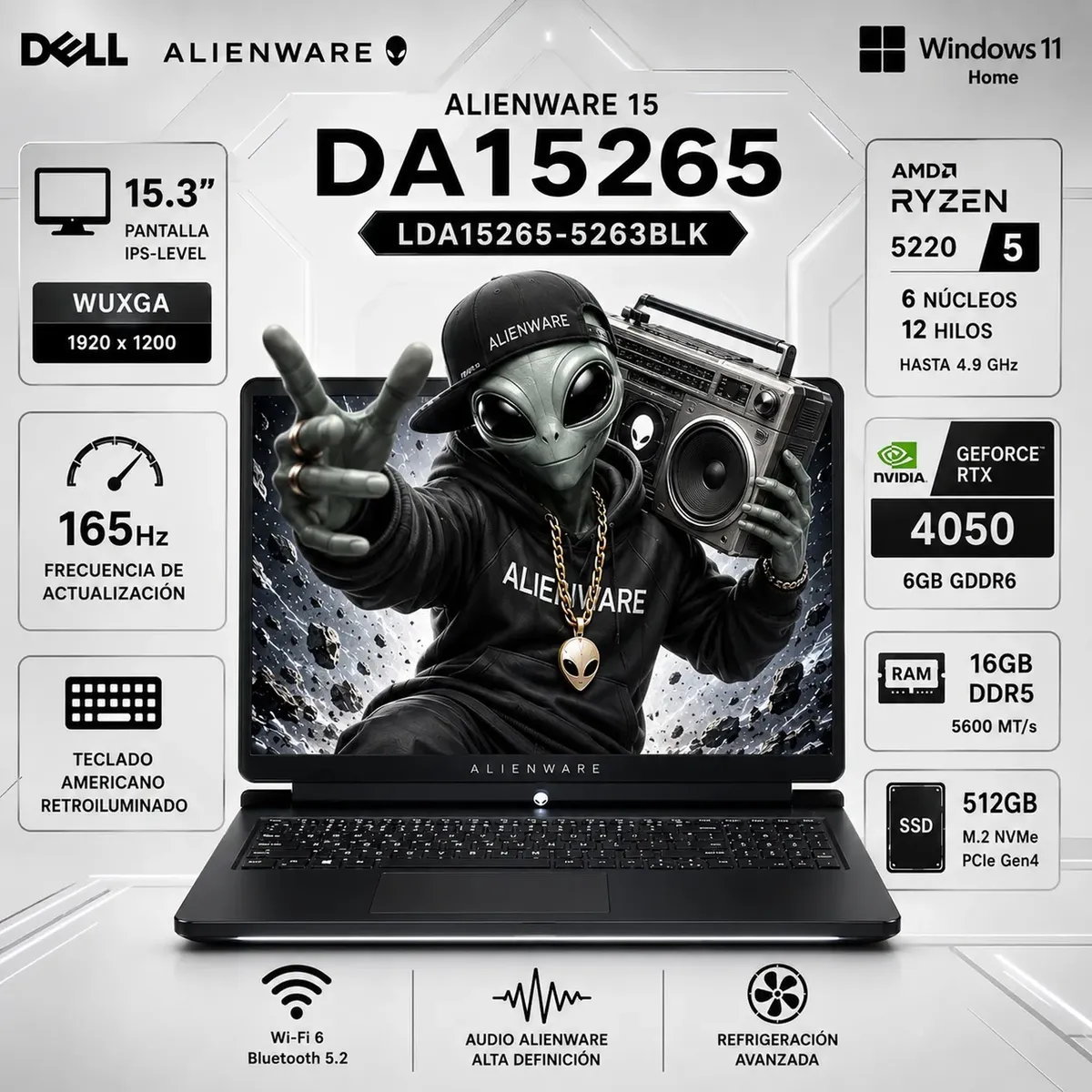 Dell - Laptop Alienware 15 Ryzen 5 220 16GB DDR5 512GB SSD RTX 4050 6GB 15.3 WUXGA 165Hz Win 11 DA15265
