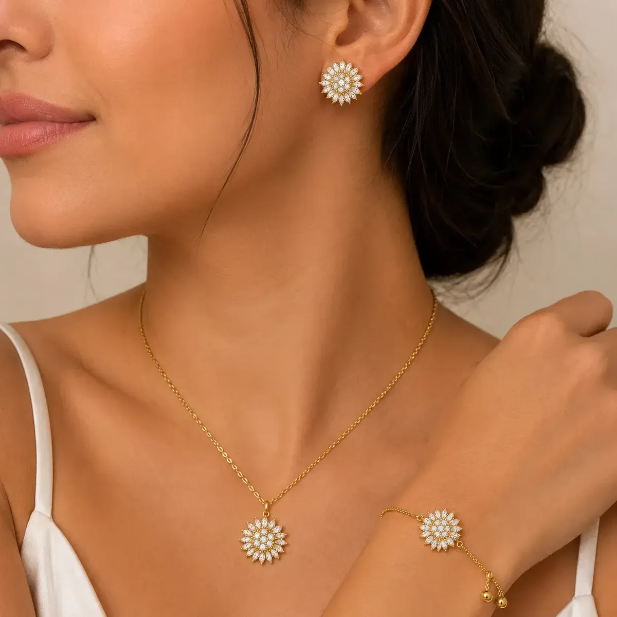 GENERICO - Set Collar Aretes y Pulsera Girasol Dorado Mujer Elegante Regalo