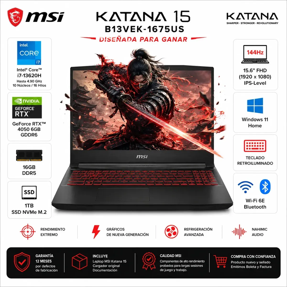 Msi - Laptop MSI Katana 15 B13VEK-1675US Ci7-13620H 16GB RAM 1TB SSD RTX 4050 6GB 15.6" FHD W11H