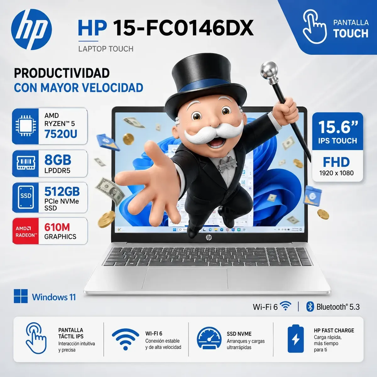 HP - Laptop HP 15 AMD Ryzen 5 7520U 8GB 512GB SSD 15.6" FHD Touch Windows 11 15-FC0146DX