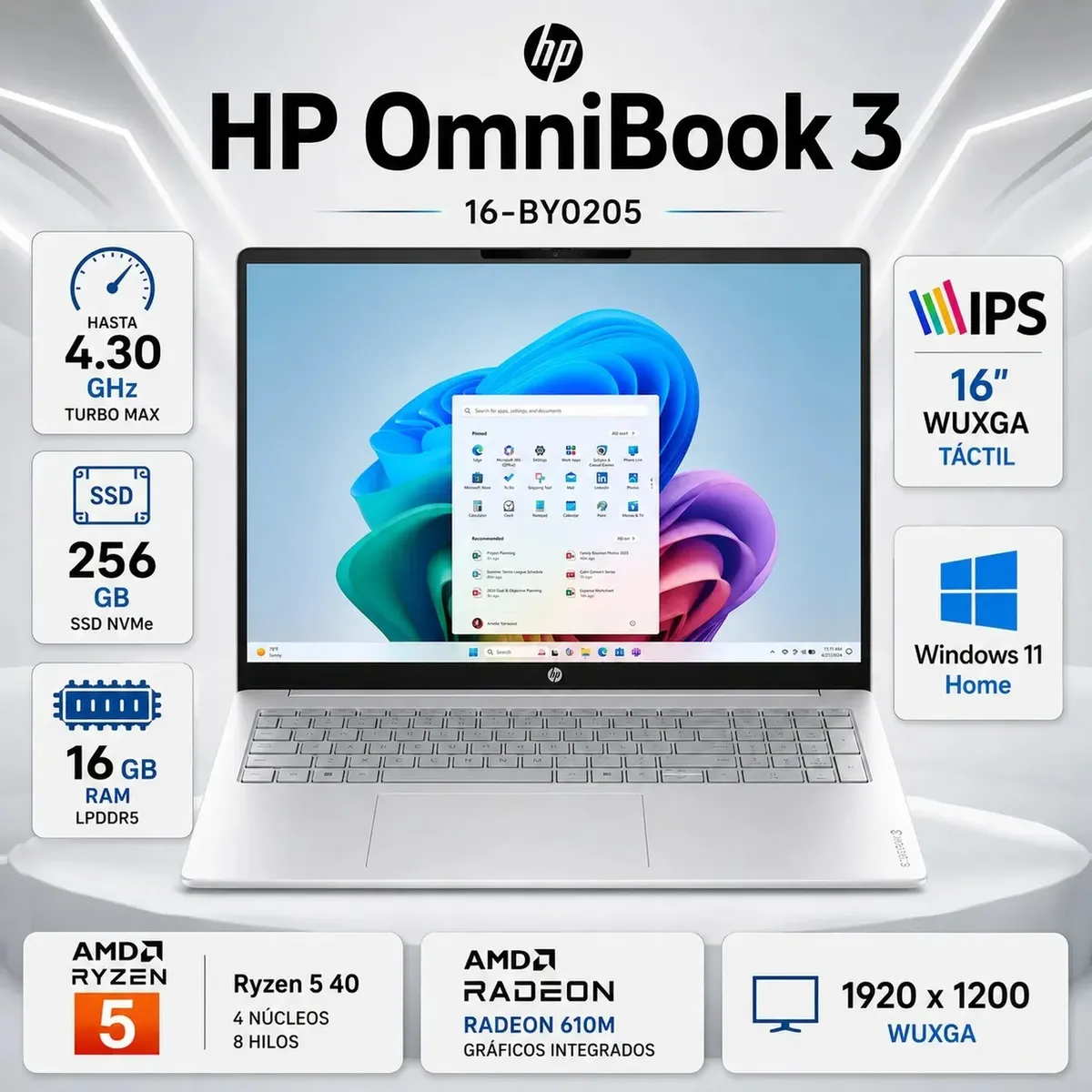 HP - Laptop HP OmniBook 3 16" WUXGA Touch AMD Ryzen 5 40 16GB RAM 256GB SSD 16-BY0205