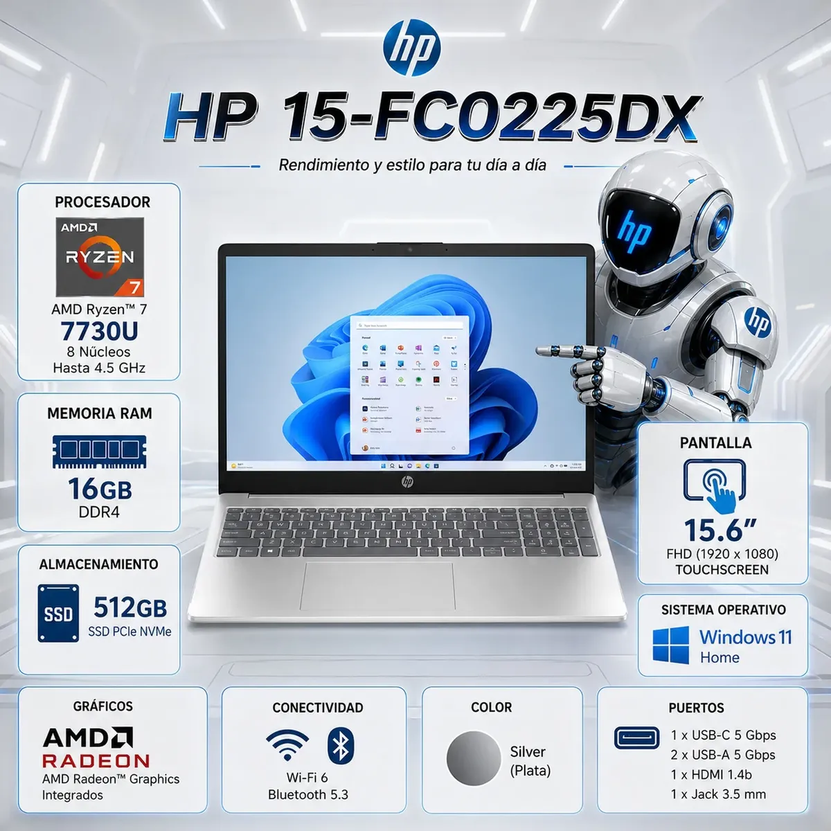 HP - Laptop HP 15 Ryzen 7 7730U 16GB DDR4 512GB SSD 15.6" FHD Touch Win11 15-FC0225DX