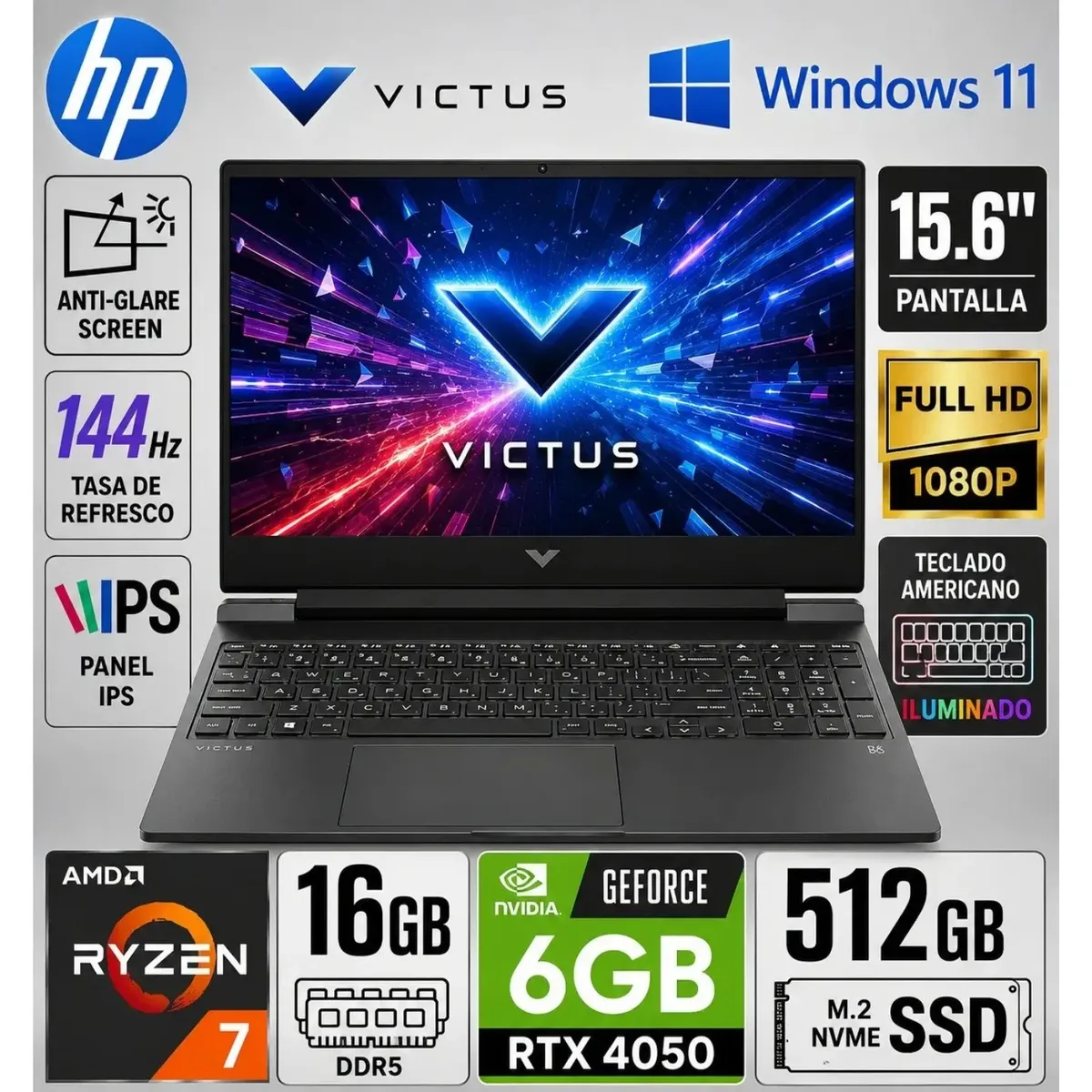 HP - Laptop Gaming HP Victus 15-FB3093DX - AMD RYZEN 7 7445HS 16GB 512GB RTX 4050 6GB 15.6″ FHD 144Hz W11