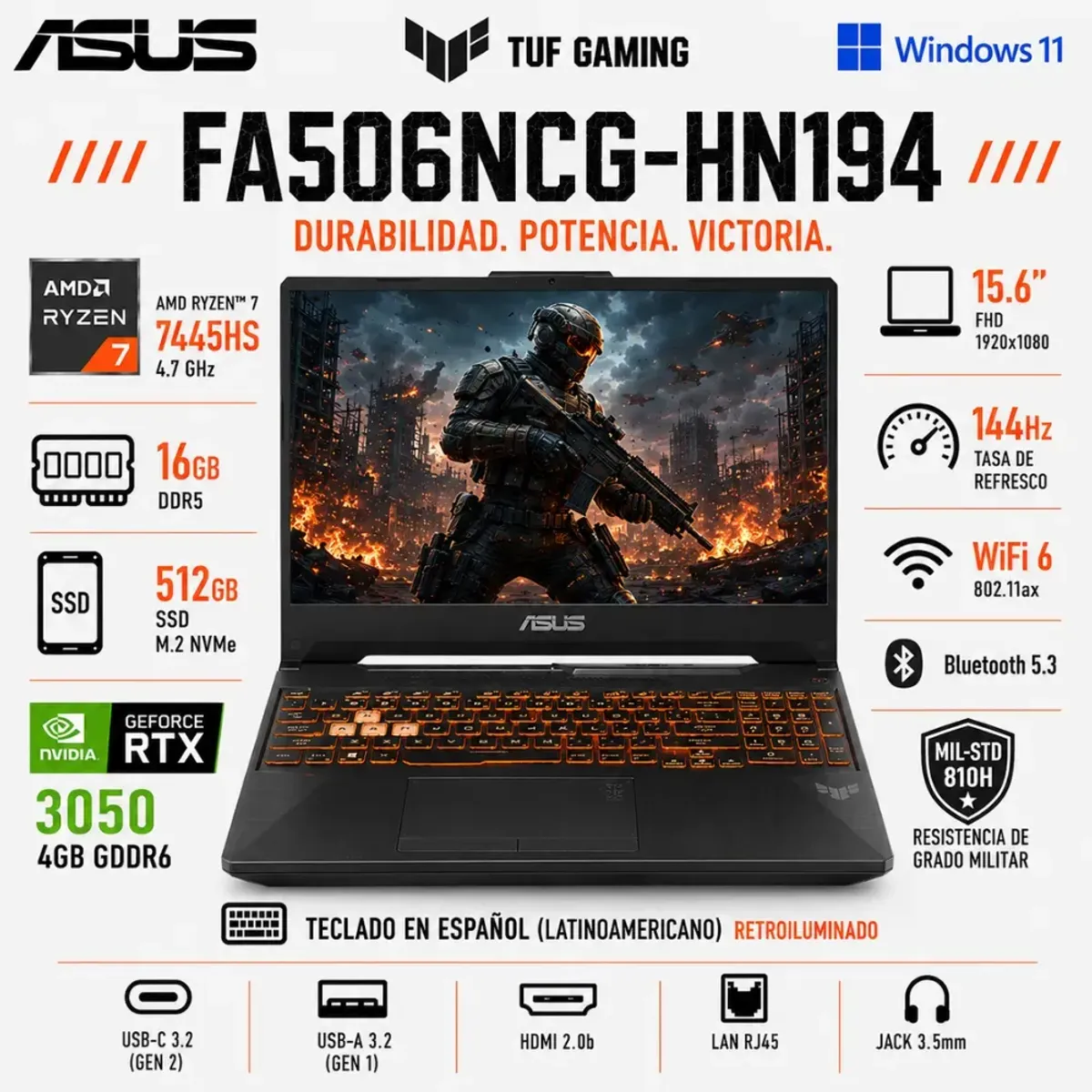 ASUS - Laptop Gamer ASUS TUF FA506NCG-HN194 Ryzen 7 7445HS 16GB 512GB RTX3050 4GB 15.6 Windows 11
