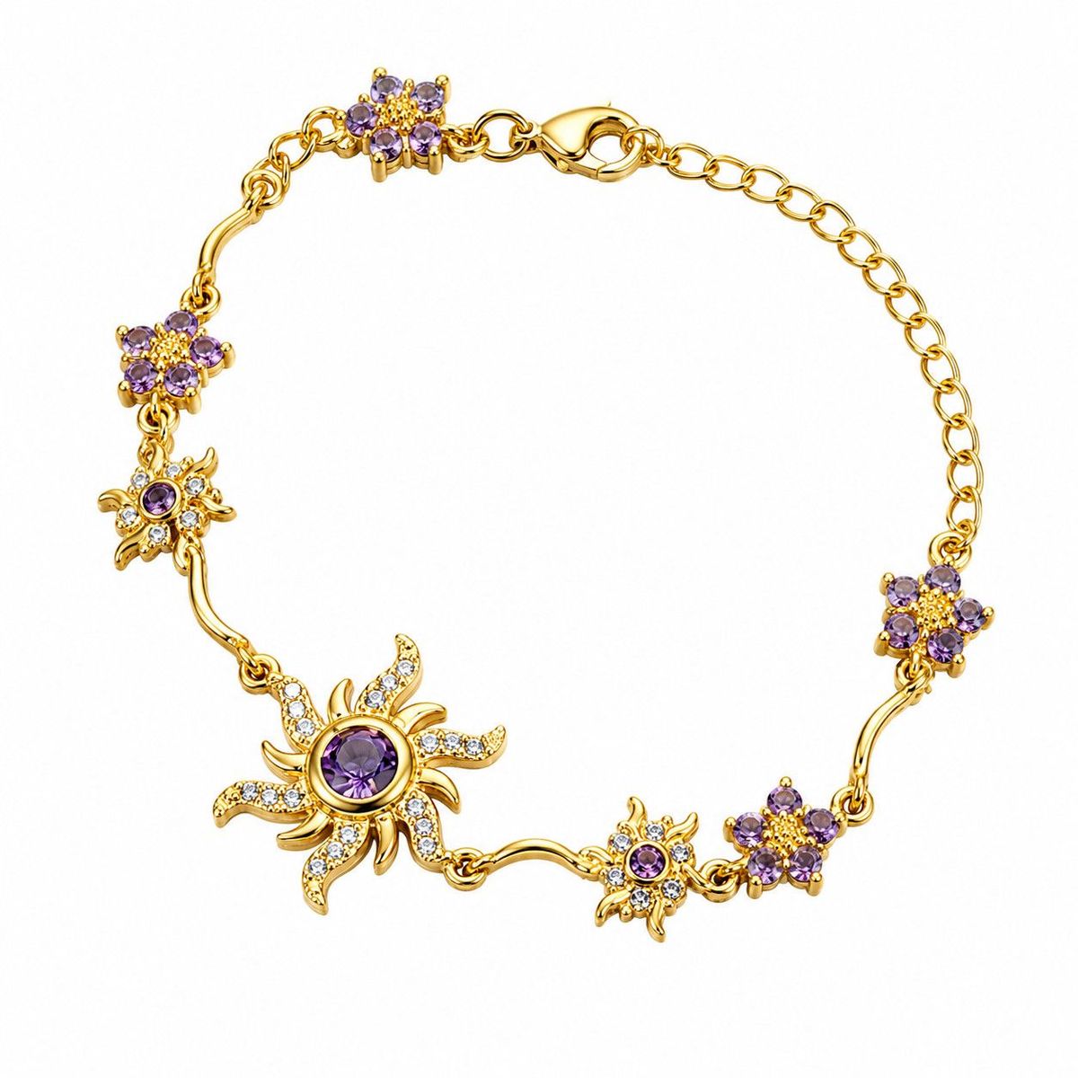 GENERICO - Pulsera Sol y Flores Mujer Dorada con Cristales Morados Elegante Ajustable Regalo