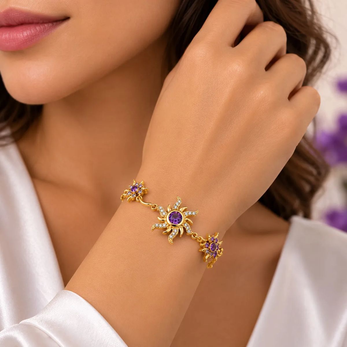 GENERICO - Pulsera Sol y Flores Mujer Dorada con Cristales Morados Elegante Ajustable Regalo