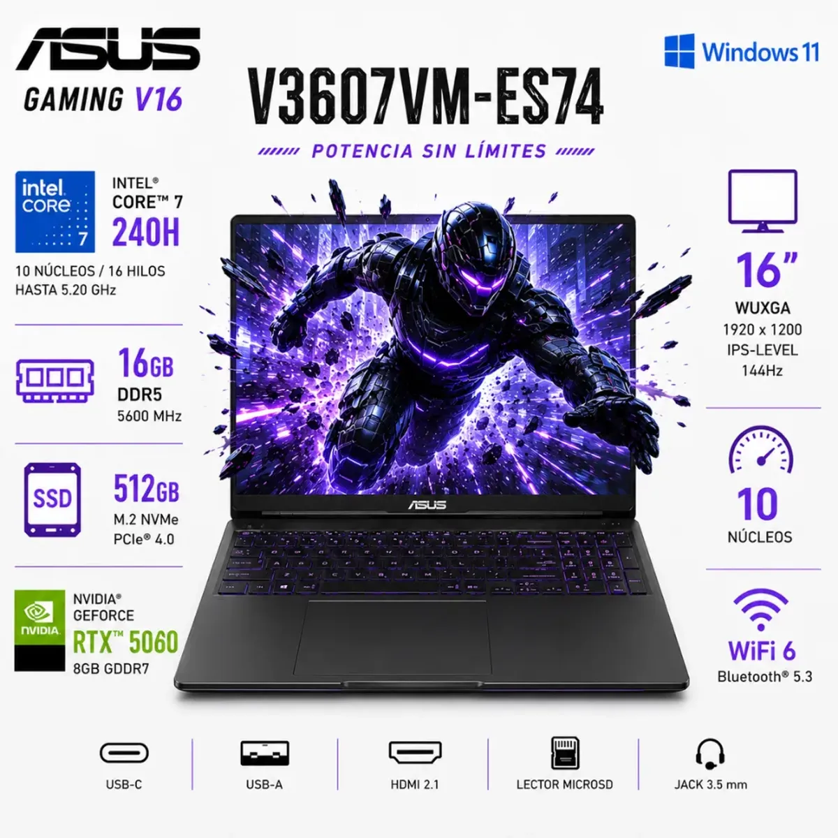ASUS - Laptop Gamer ASUS V16 V3607VM-ES74 Intel® Core™ 7 240H RTX™ 5060 16GB RAM 512GB SSD 16" WUXGA IPS