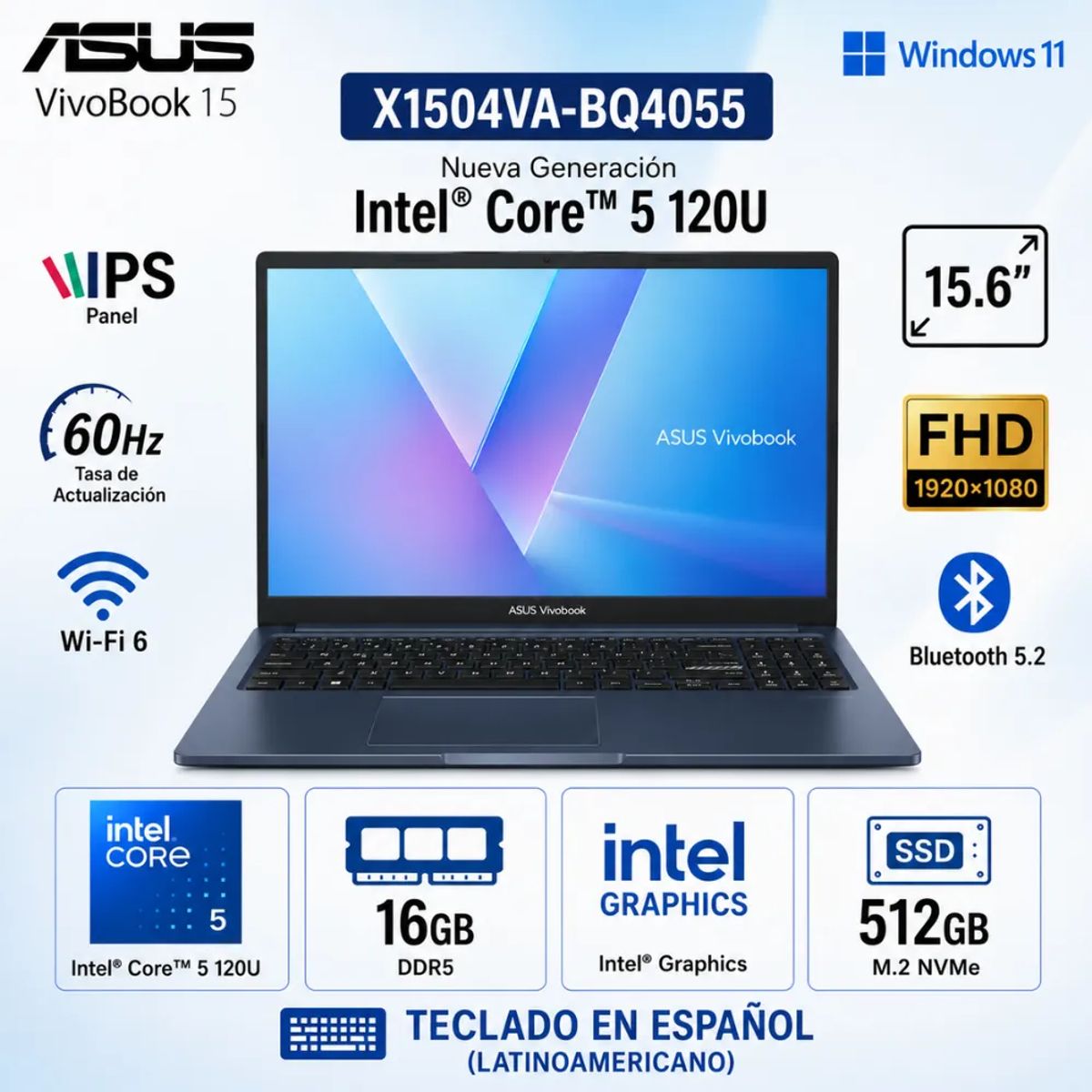 ASUS - Laptop Asus Vivobook 15 X1504VA-BQ4055 Intel Core 5 120U 16GB RAM 512GB SSD 15.6" FHD - Quiet Blue