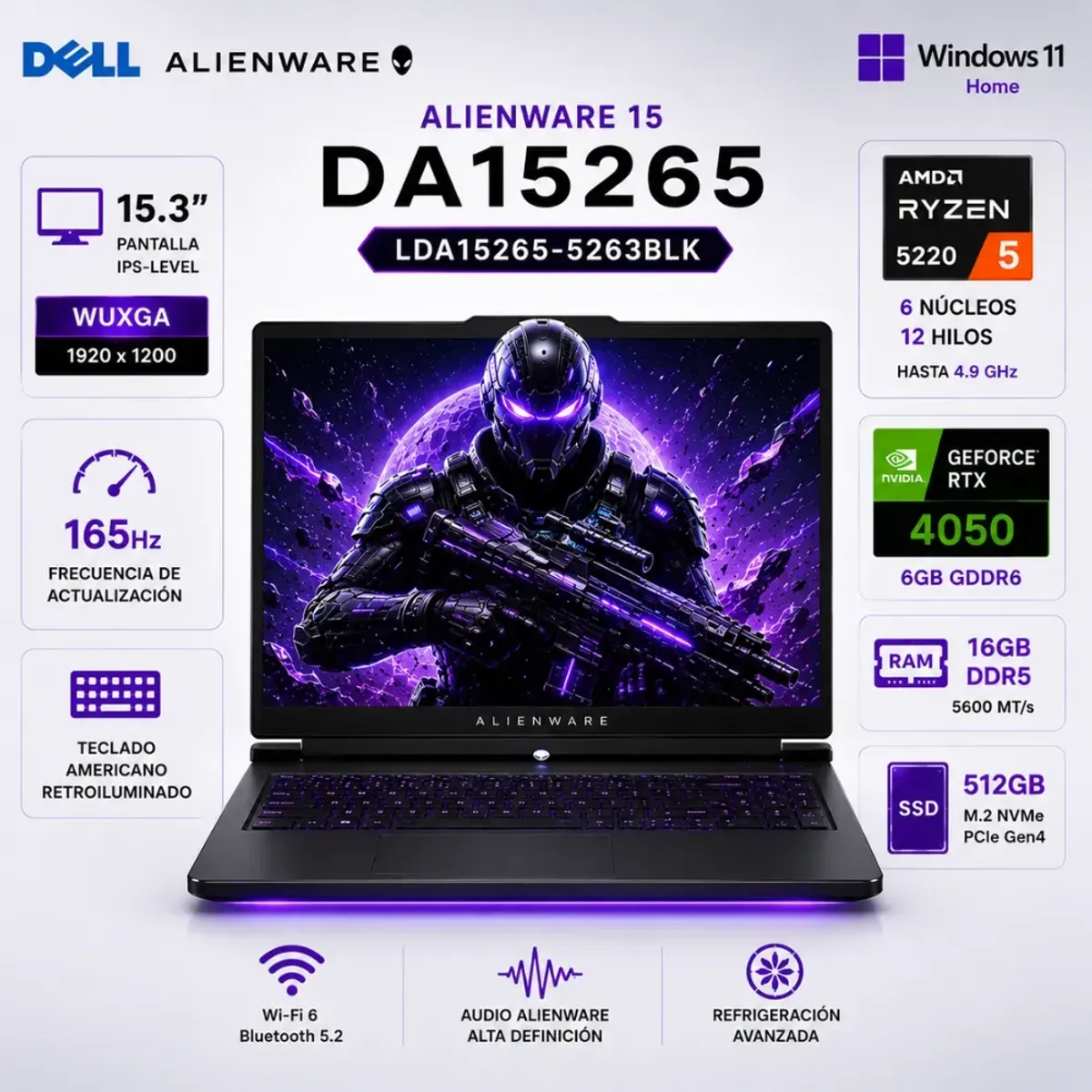 Dell - LAPTOP DELL ALIENWARE 15 DA15265 GAMING RYZEN 5 512GB SSD 16GB DDR5 15.3 WUXGA 165HZ RTX 4050 6GB WI