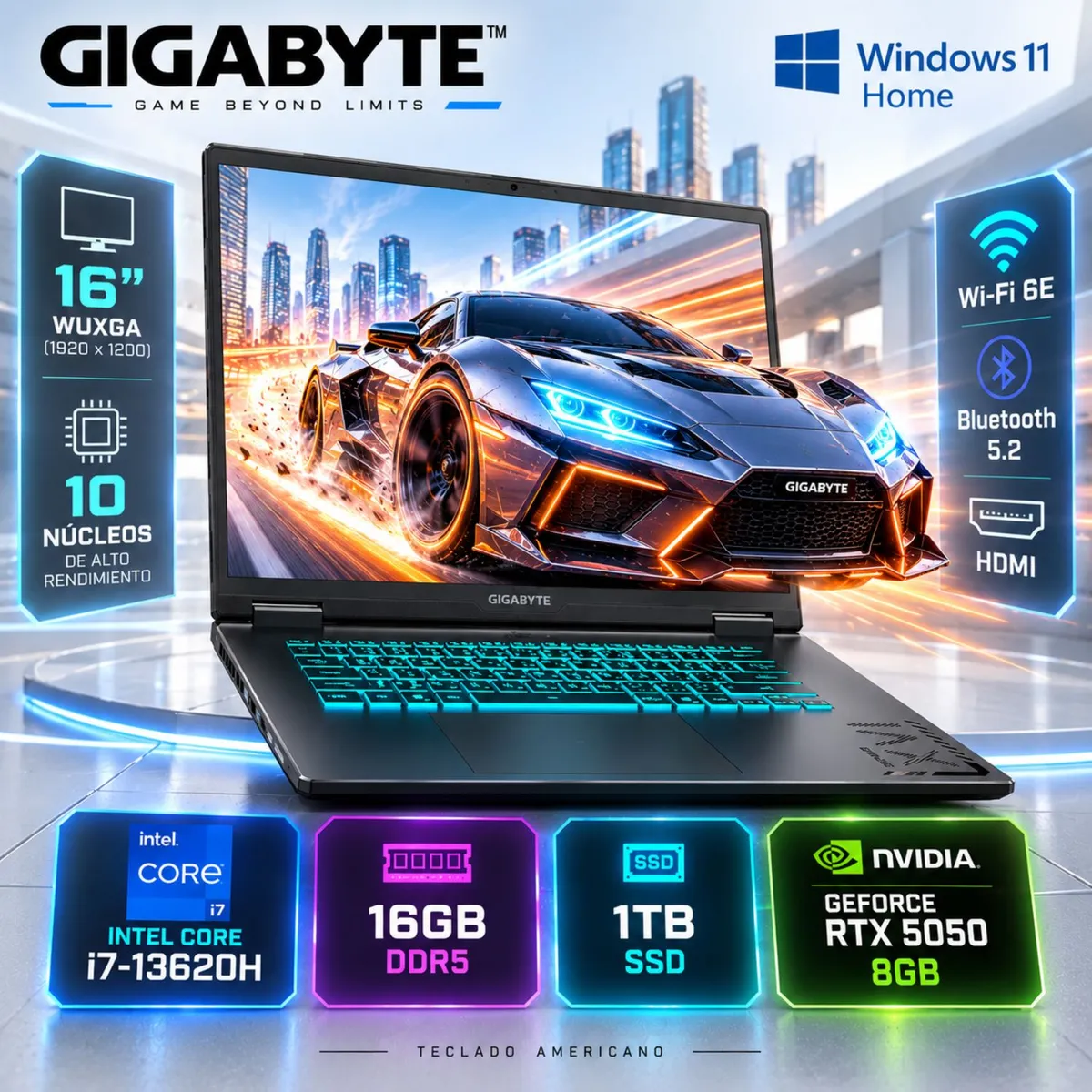 GIGABYTE CTHI3US894SH GAMINGINTEL CORE I7-13620H 16GB DDR5 1TB SSD ,16" NVIDIA GEFORCE RTX 5050 8GB, marca GIGABYTE - Foto Principal