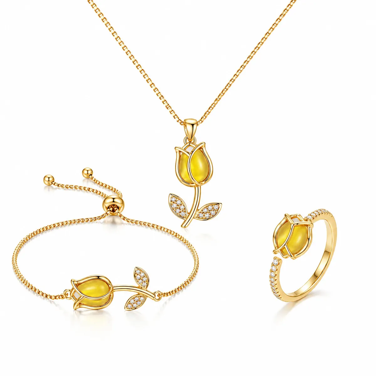 GENERICO - Set Collar Pulsera y Anillo Tulipán Mujer Acero Inoxidable Baño de Oro Piedras Amarillas Elegante Regalo