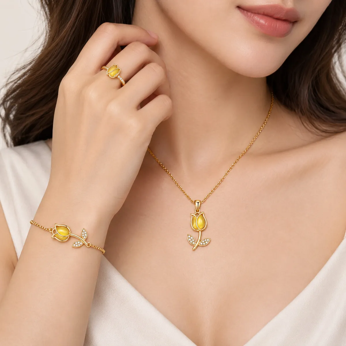 GENERICO - Set Collar Pulsera y Anillo Tulipán Mujer Acero Inoxidable Baño de Oro Piedras Amarillas Elegante Regalo