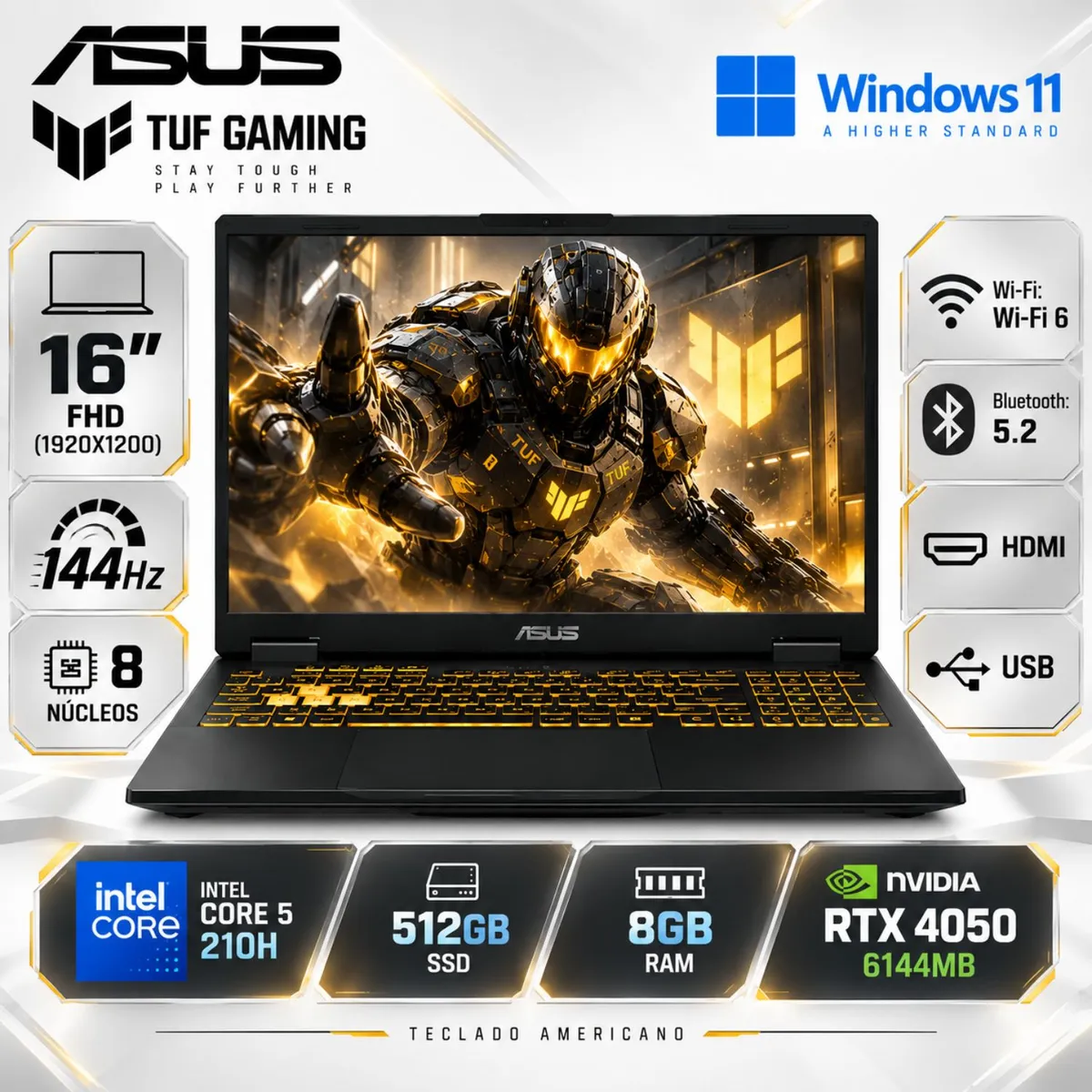 ASUS - ASUS TUF F16 FX607VU-ES51 GAMING INTEL CORE 5 210H 512GB SSD 8GB 16" NVIDIA RTX 4050