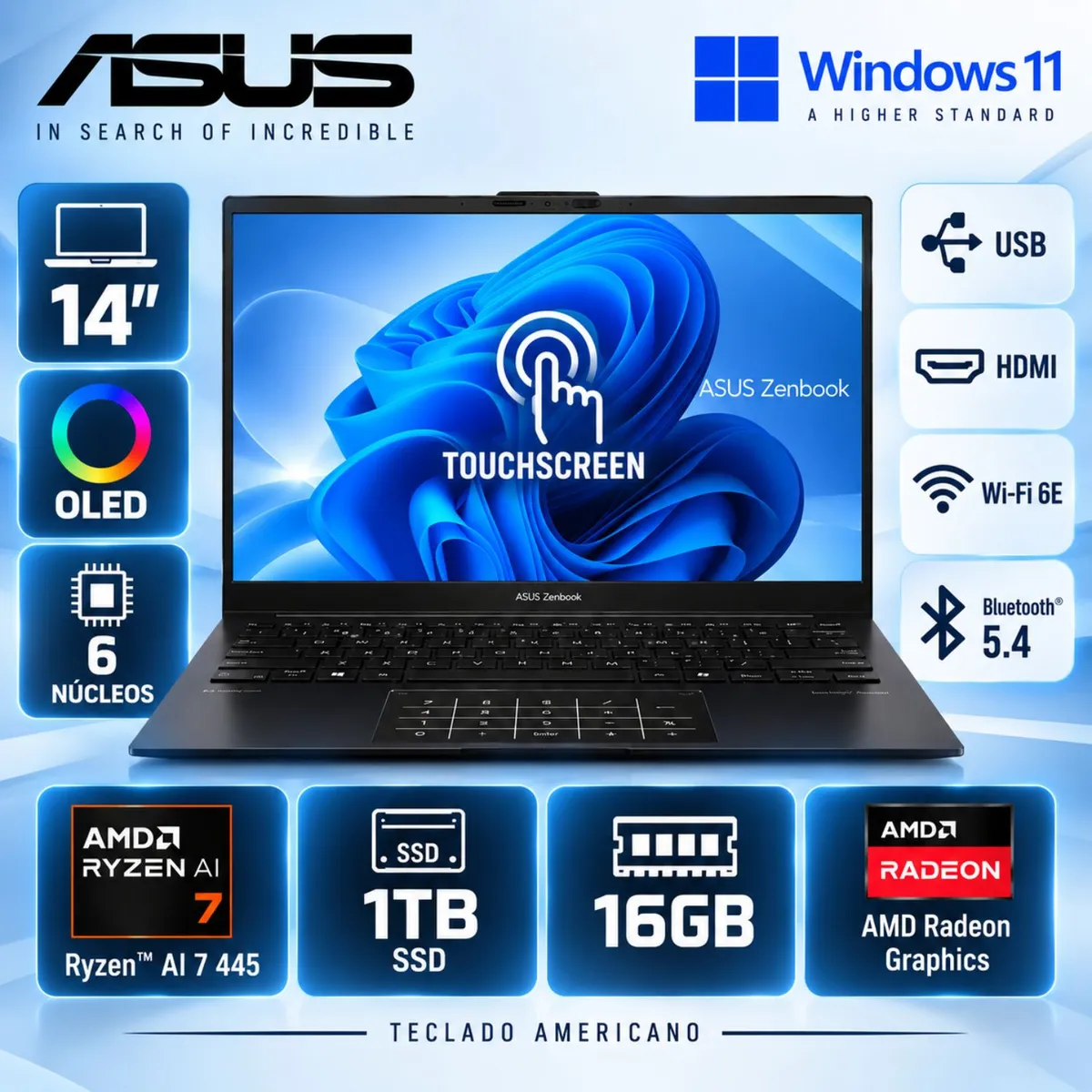 ASUS - ASUS ZENBOOK UM3406GA Ryzen™ AI 7 445 1TB SSD 16GB 14" OLED TOUCHSCREEN WIN11 JADE BLACK