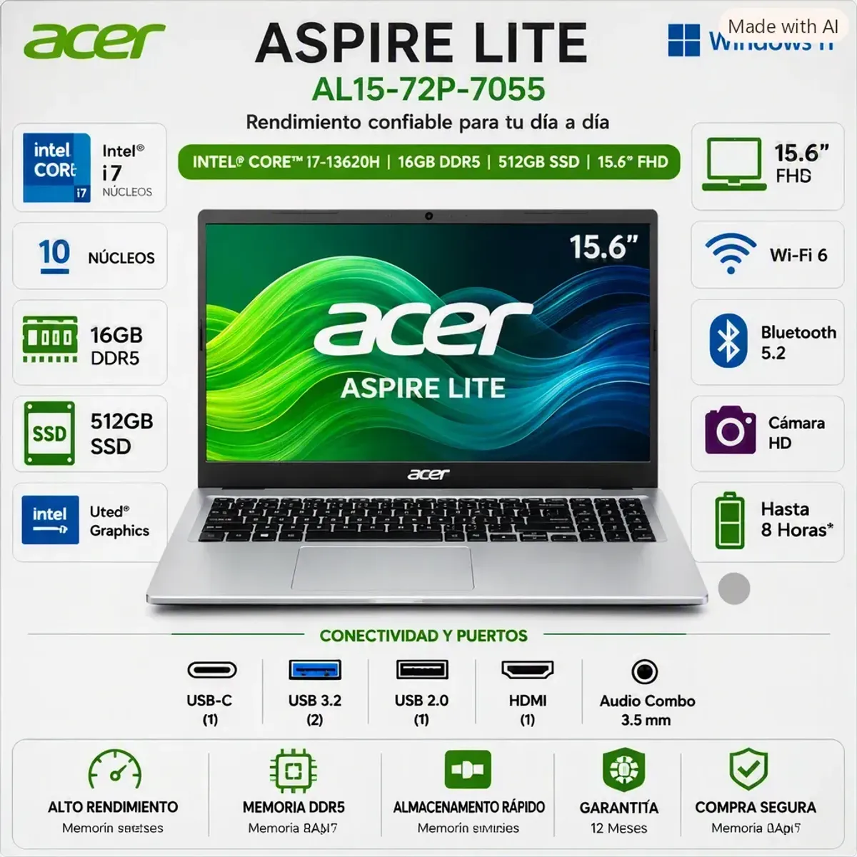 ACER - Laptop ACER ASPIRE LITE AL15-72P-7055 Intel® Core™ i7-13620H 16GB DDR5 512GB SSD 15.6" FHD Windows 1