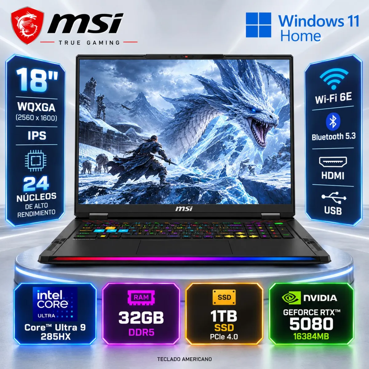 Msi - LAPTOP MSI RAIDER 18 HX AI A2XWIG-420 GAMING Core Ultra 9 285HX 1TB  32GB 18" RTX 5080