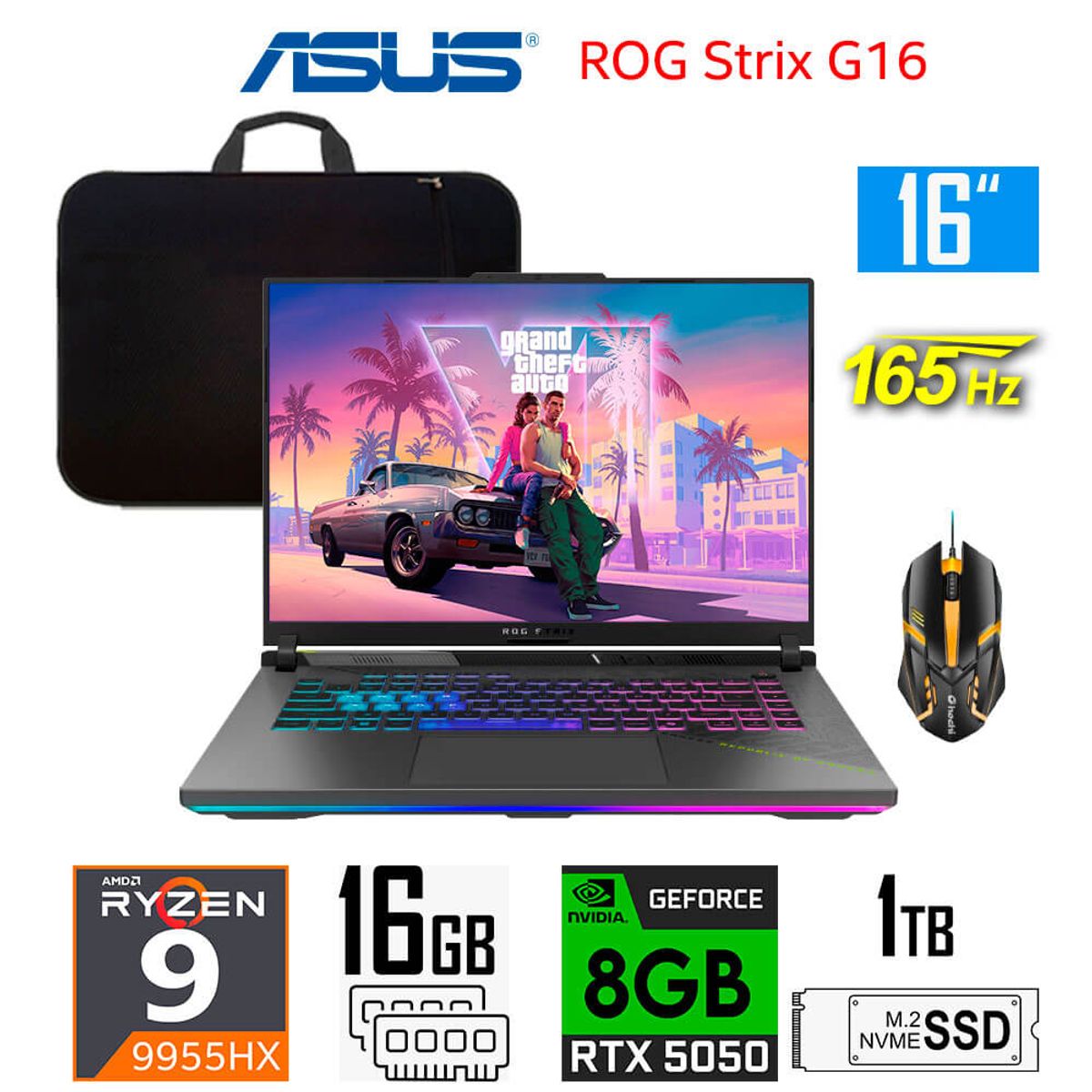 ASUS - Laptop gamer Asus ROG Strix G16 Ryzen 9-9955HX Nvidia 8gb RTX5050, 16gb ram 1tb 16″ wuxga 165Hz