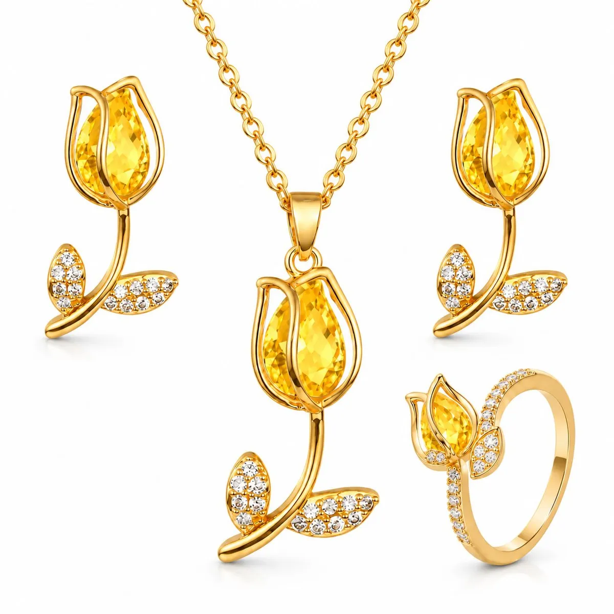 GENERICO - Set Collar Aretes Pulsera y Anillo Tulipán Mujer Acero Inoxidable Baño de Oro Piedras Amarillas