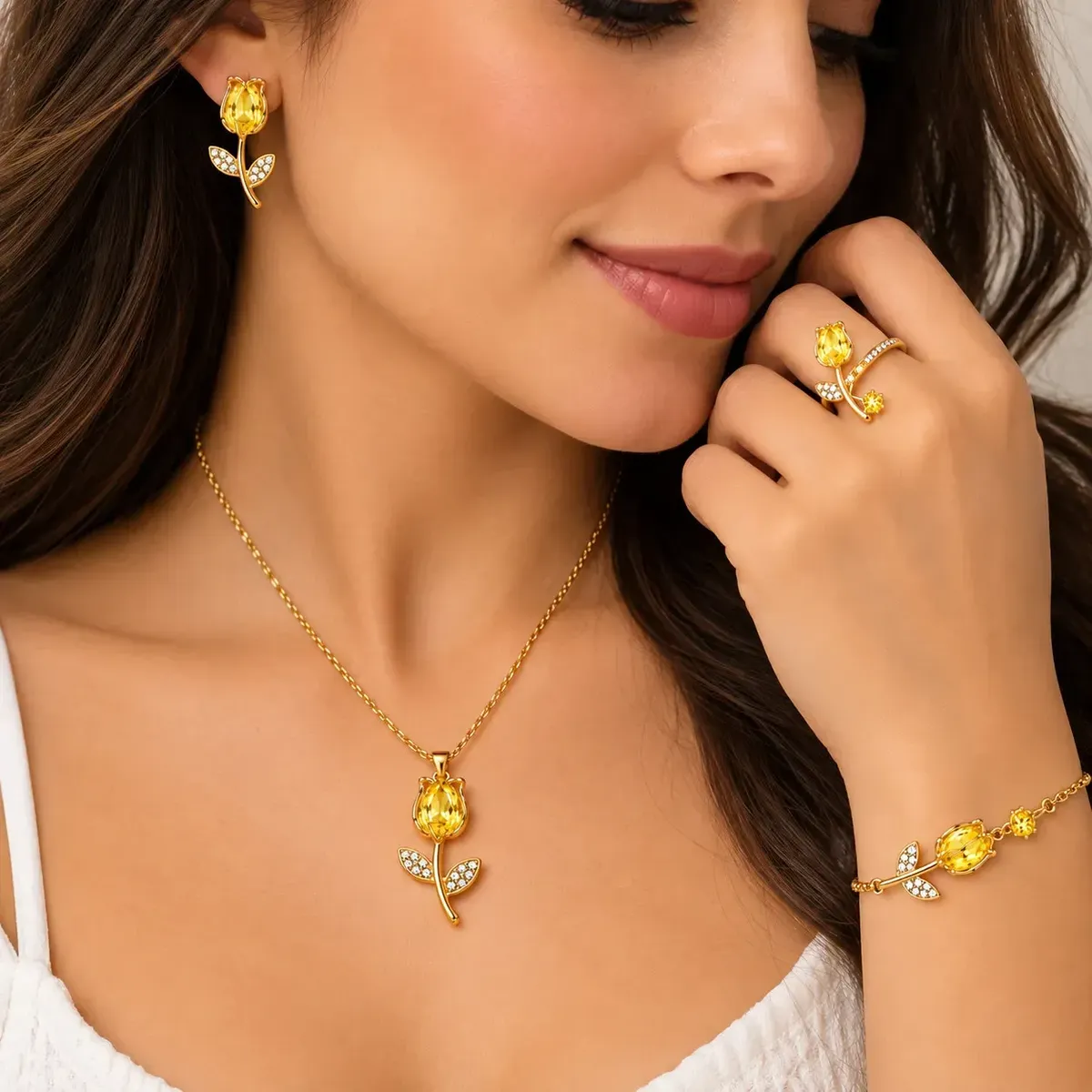 GENERICO - Set Collar Aretes Pulsera y Anillo Tulipán Mujer Acero Inoxidable Baño de Oro Piedras Amarillas