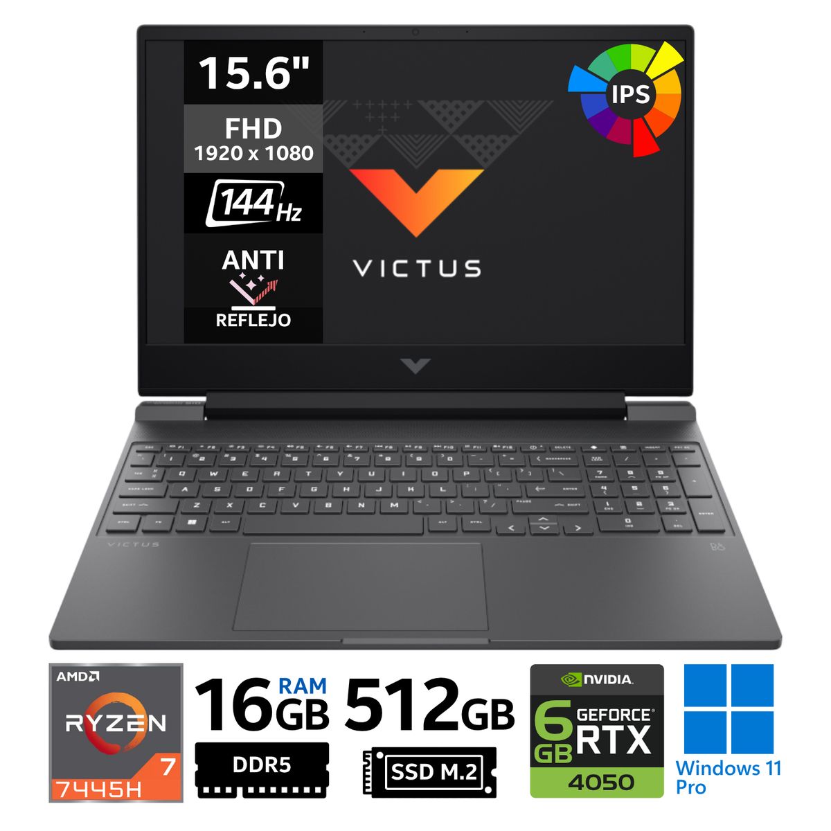 HP - Laptop HP Victus 15-fb3022la, 15.6" FHD IPS 144Hz, Ryzen 7 7445H, RAM 16GB, SSD 512GB, RTX 4050, Win