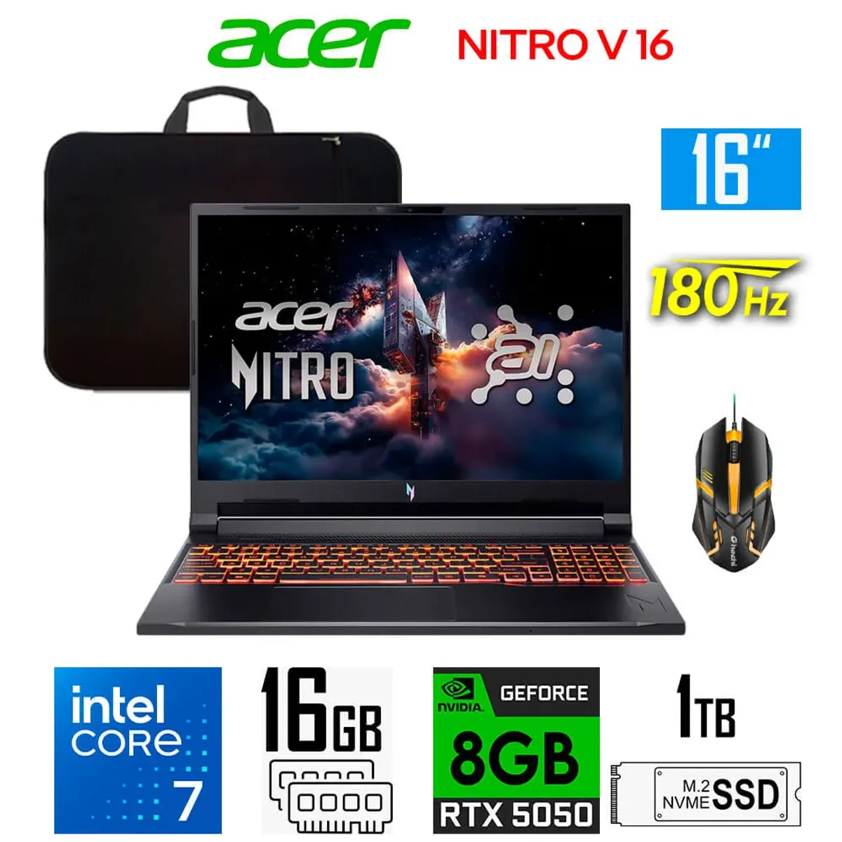 ACER - Laptop gamer Acer Nitro V 16 core 7-240h Nvidia 8gb RTX5050 Ram 16gb Disco 1tb 16″ wuxga 180Hz.