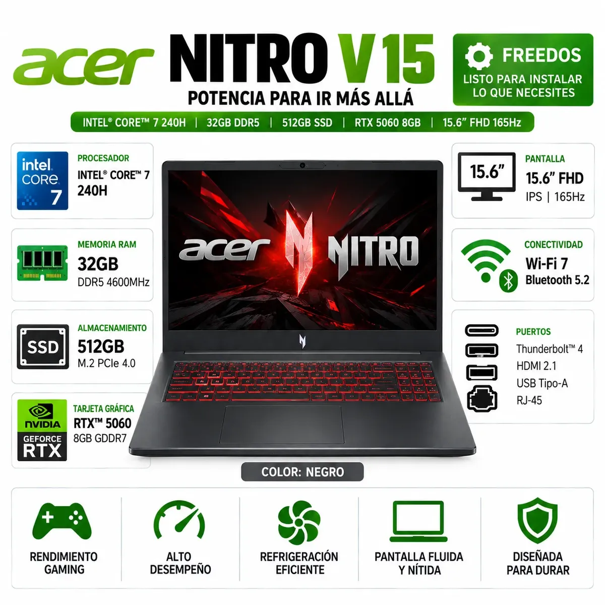 ACER - ACER NITRO V 15 ANV15-52-78MX Core 7 240H - 32GB - 512GB - RTX 5060 8GB