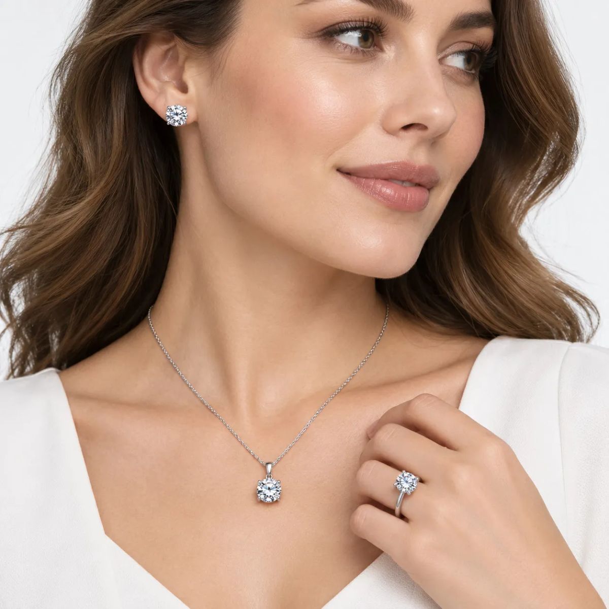 GENERICO - Set Collar Aretes y Anillo Punto de Luz Mujer Plateado con Brillos Elegante Regalo