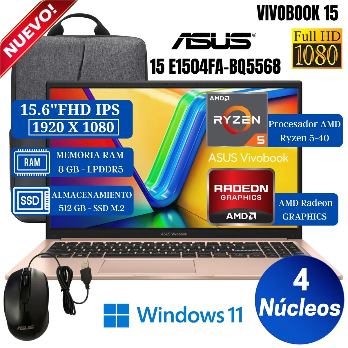 ASUS - Laptop Asus Vivobook 15 GO E1504FA-BQ5568 15.6" FHD IPS, Ryzen 5-40, Ram 8GB, SSD 512GB, Win 11