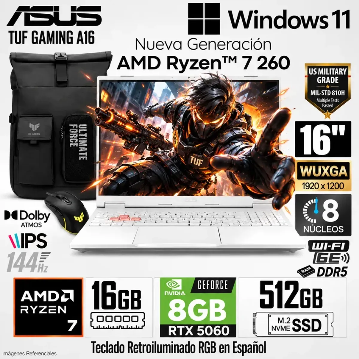 ASUS - Laptop Asus TUF Gaming A16 AMD Ryzen 7 260 16GB RAM 512GB SSD RTX 5060-8GB 16" WUXGA FA608UMI-TU255