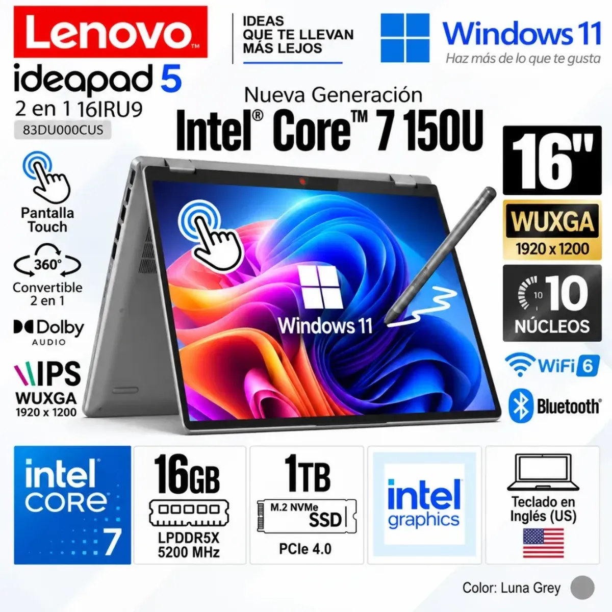 LENOVO - Laptop Lenovo IdeaPad 5 2 en 1 16IRU9 Intel Core 7 150U 16GB RAM 1TB SSD 16" WUXGA Táctil 83DU000CUS
