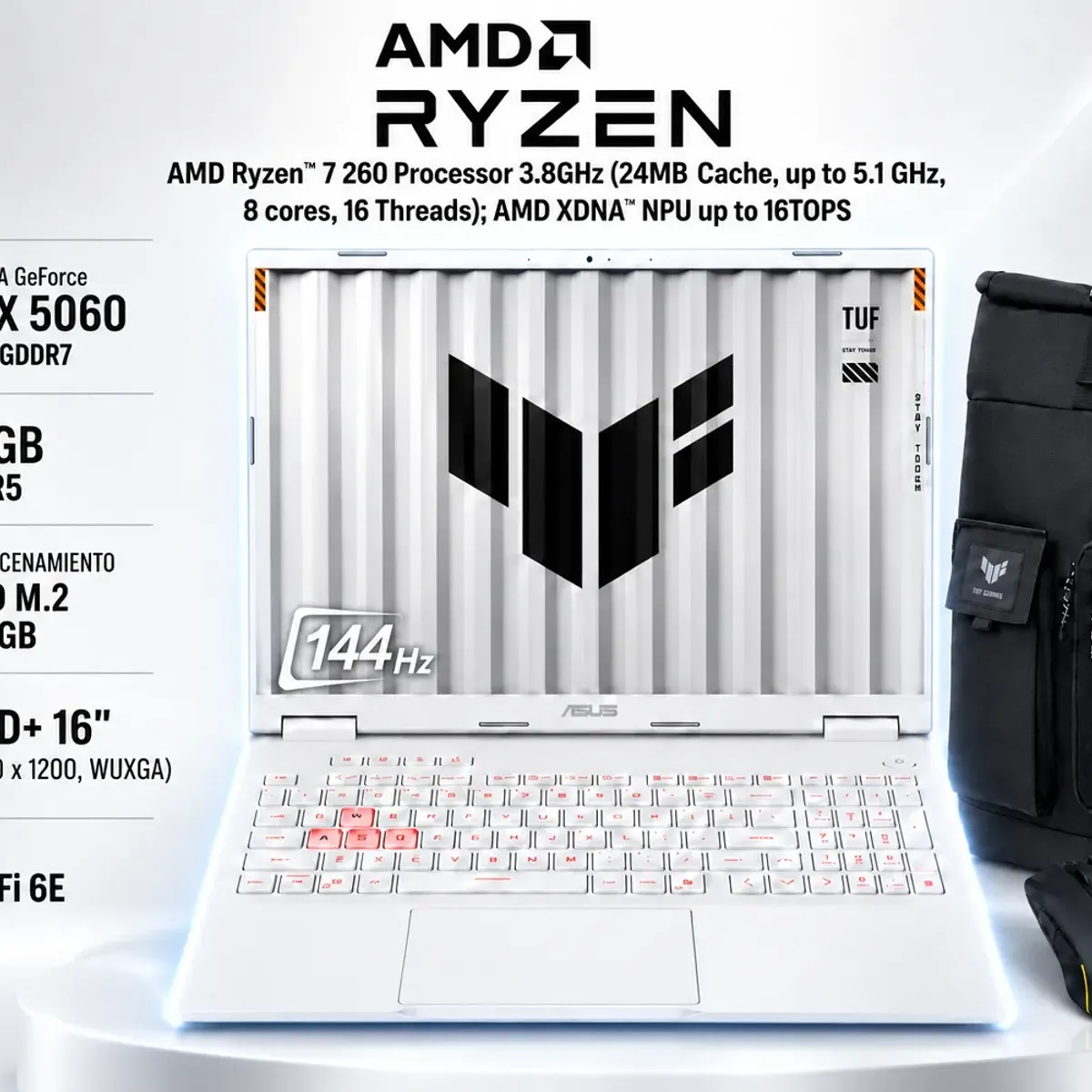 ASUS - ASUS TUF GAMING A 16" WUXGA, Ryzen 7-260, RAM 16GB DDR5, SSD512 GB, RTX 5060 + COMBO TUF