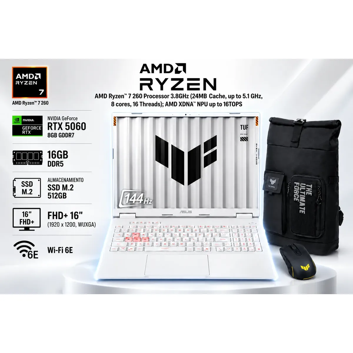 ASUS - ASUS TUF GAMING A 16" WUXGA, Ryzen 7-260, RAM 16GB DDR5, SSD512 GB, RTX 5060 + COMBO TUF
