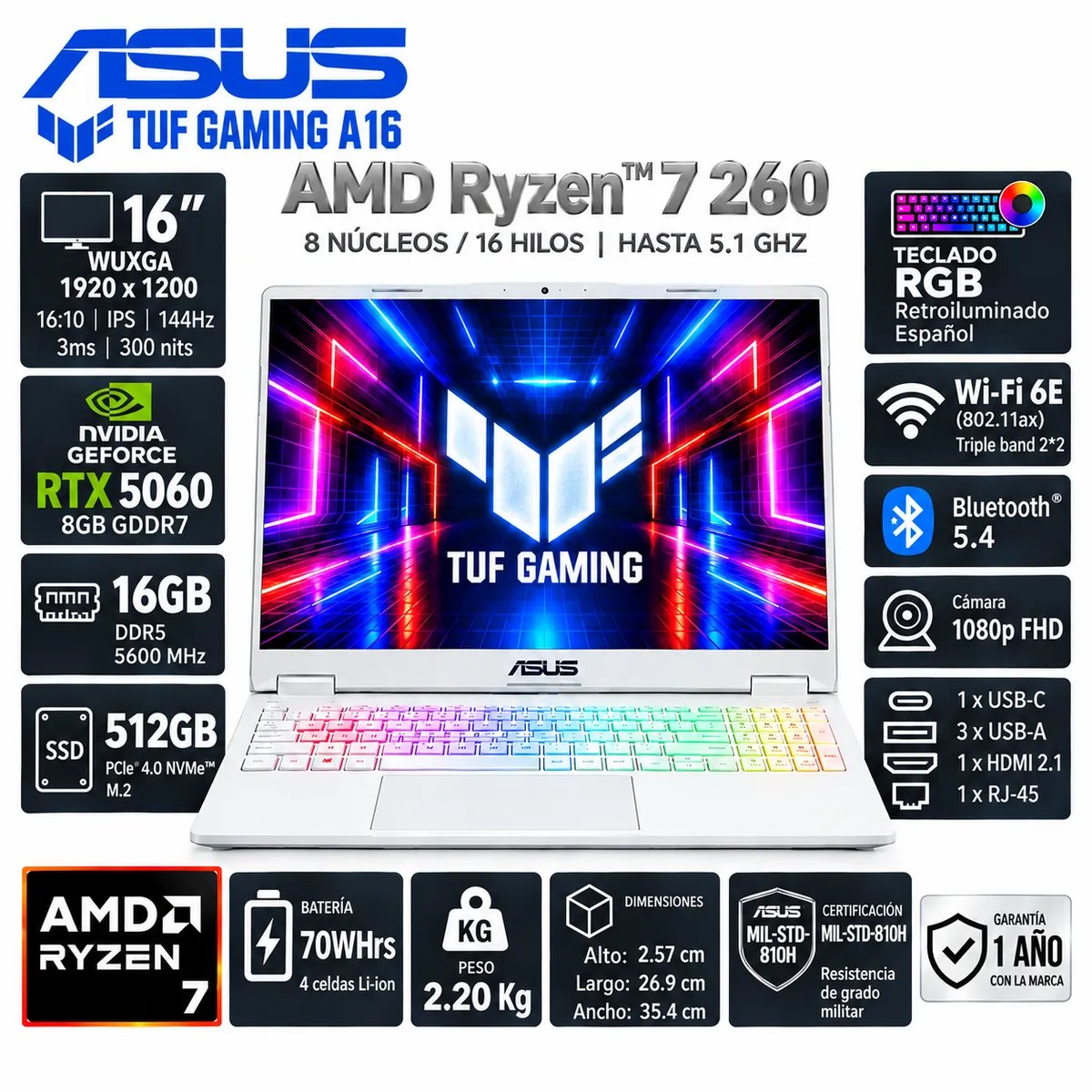 ASUS - ASUS TUF GAMING A 16" WUXGA, Ryzen 7-260, RAM 16GB DDR5, SSD512 GB, RTX 5060 + COMBO TUF
