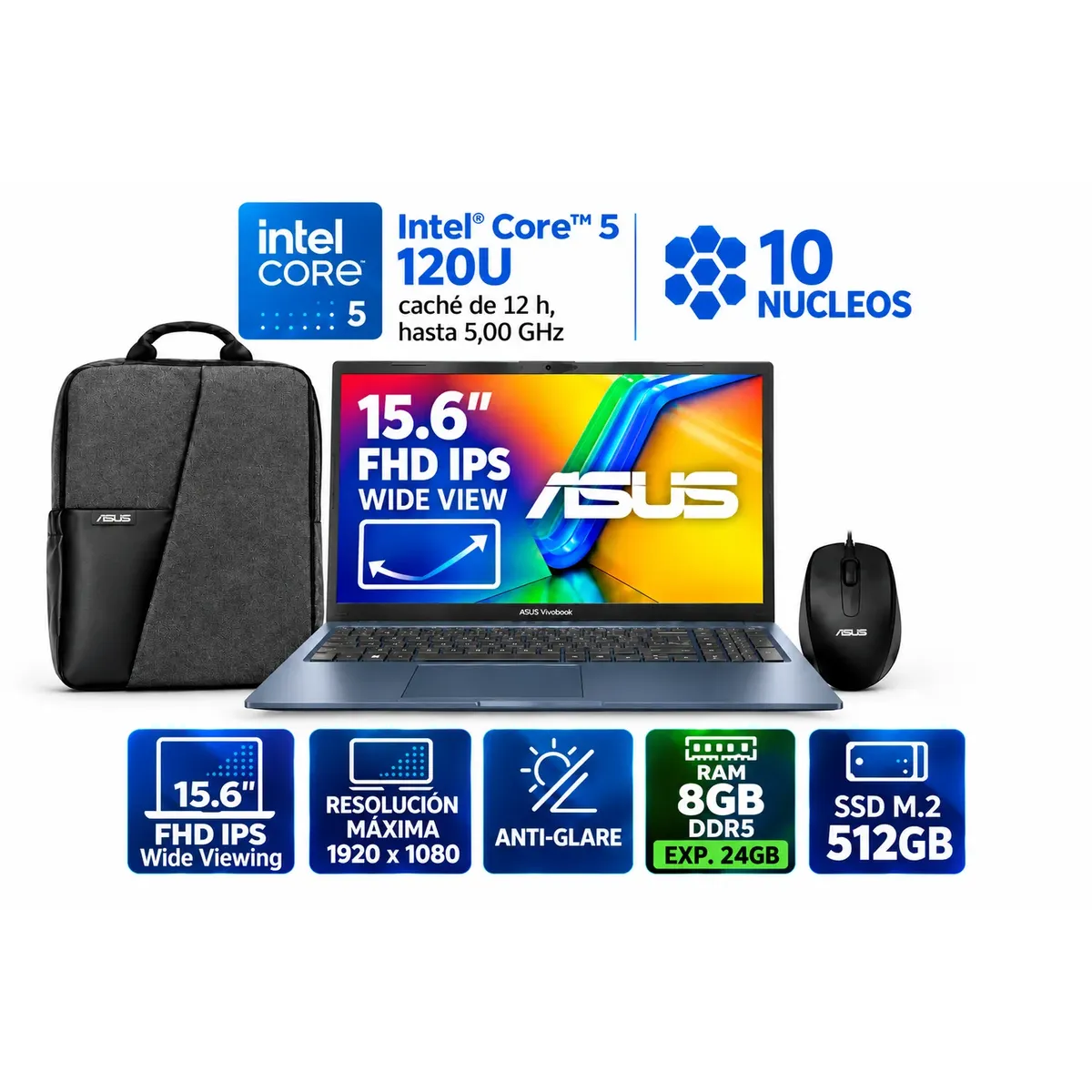 ASUS - NB ASUS Vivobook 15  15.6" FHD WideView IPS/Core 5-120U 5.0G/8GB DDR5/512GB SSD M.2 