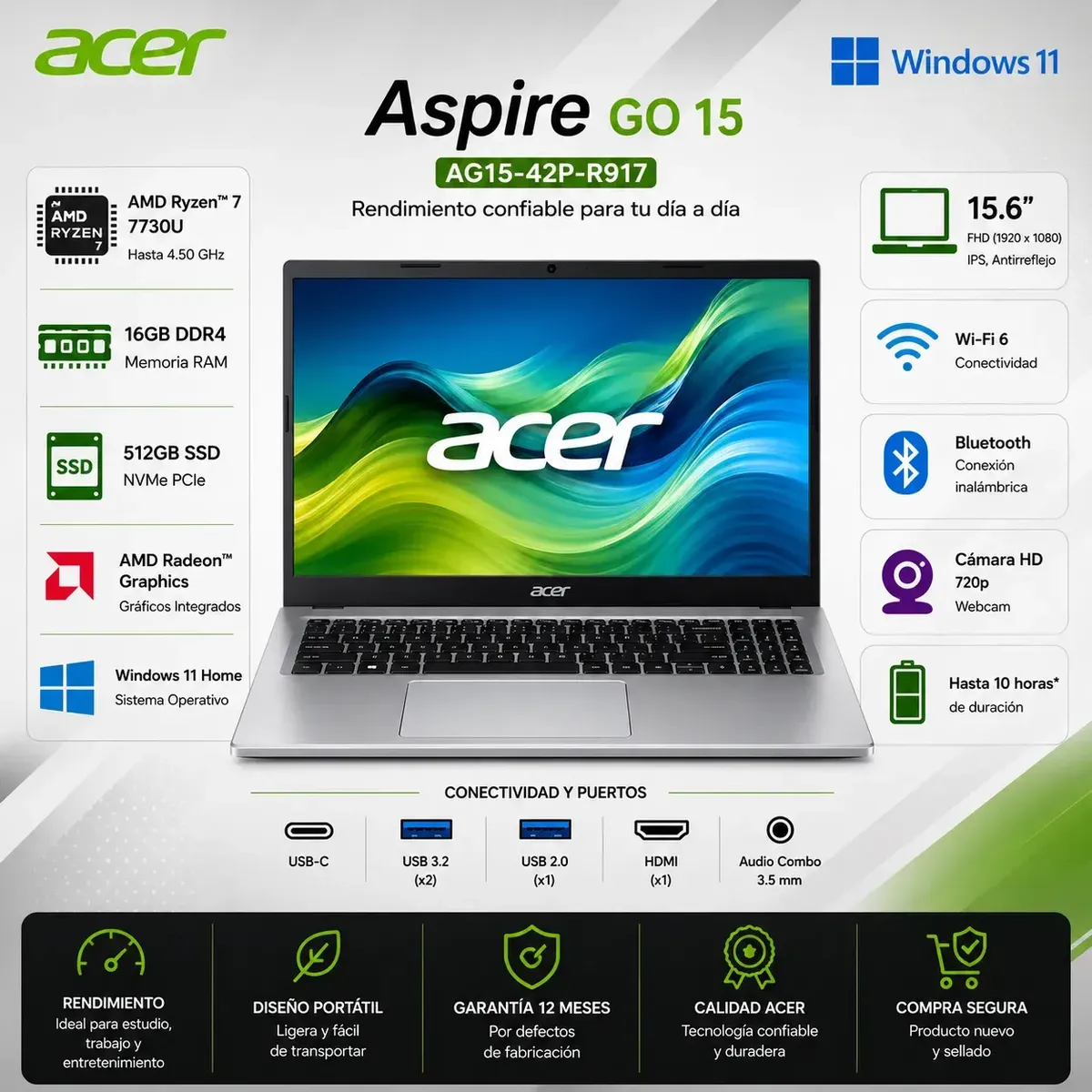 ACER - LAPTOP ACER ASPIRE GO AG15-42P-R917 AMD Ryzen™ 7 7730U 16GB RAM 512GB SSD 15.6" FHD Windows 11