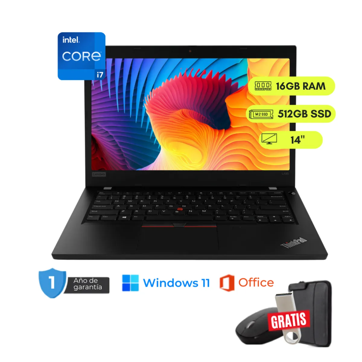 LENOVO - Laptop reacondicionada Lenovo ThinkPad L490  Core i5-8va 16GB RAM, 512GB SSD, 14"+ mouse, funda y USB