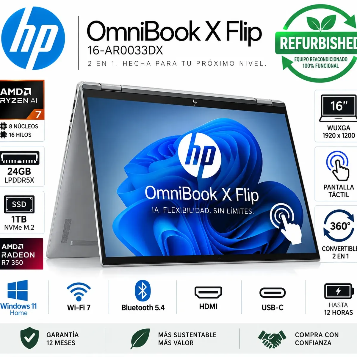 HP - Laptop HP OmniBook X Flip  AMD Ryzen™ AI 7 350 24GB LPDDR5X 1TB SSD 16" WUXGA Touch W11 REFURBISHED