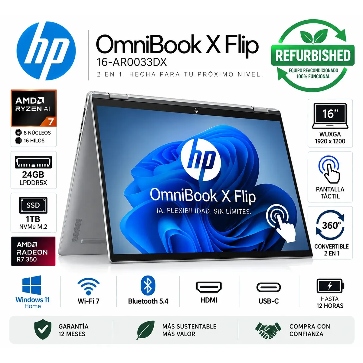 HP - Laptop HP OmniBook X Flip  AMD Ryzen™ AI 7 350 24GB LPDDR5X 1TB SSD 16" WUXGA Touch W11 REFURBISHED