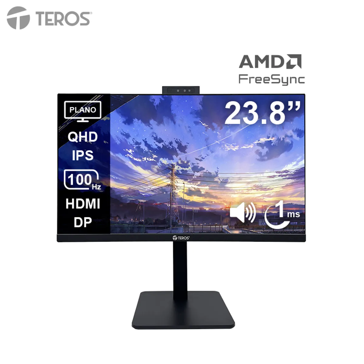Monitor plano TEROS TE-2416CS, 23.8" QHD IPS, 100Hz, 1ms, HDMI, DP, Cámara, Micrófono, marca Teros - Foto Principal