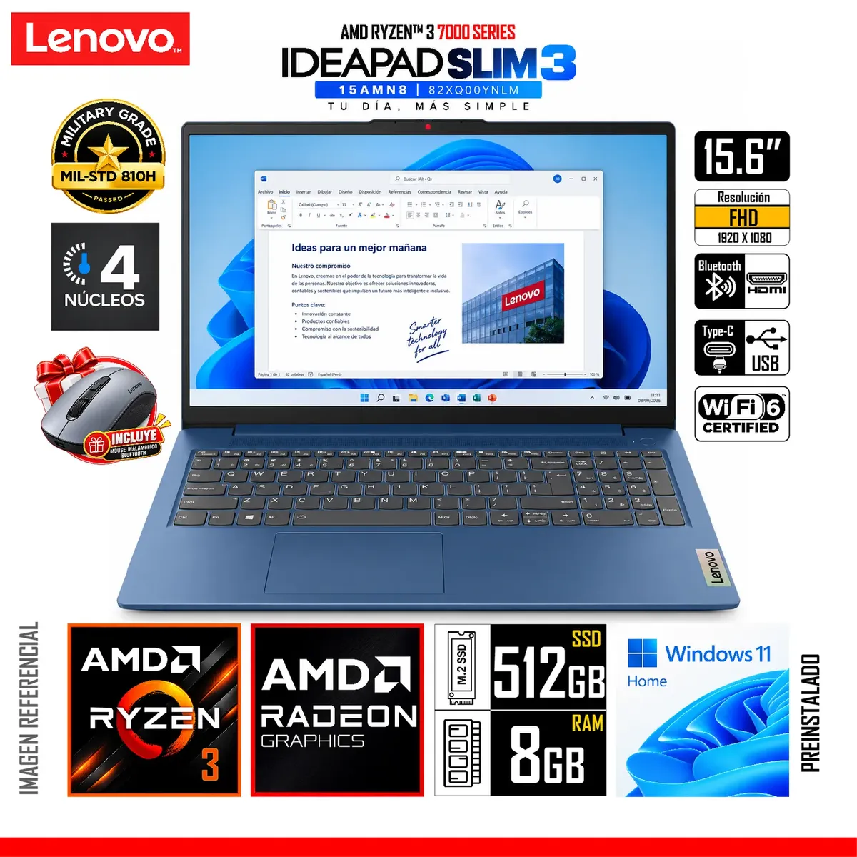 LENOVO - Laptop Lenovo IdeaPad Slim 3 Ryzen 3 7320U 8GB 512GB SSD 15.6" FHD Win 11 + Mouse