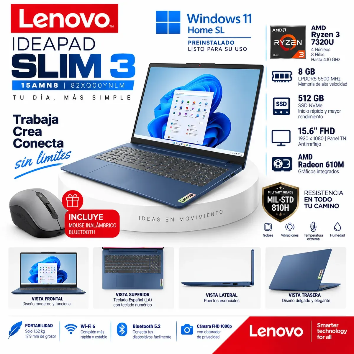 LENOVO - Laptop Lenovo IdeaPad Slim 3 Ryzen 3 7320U 8GB 512GB SSD 15.6" FHD Win 11 + Mouse