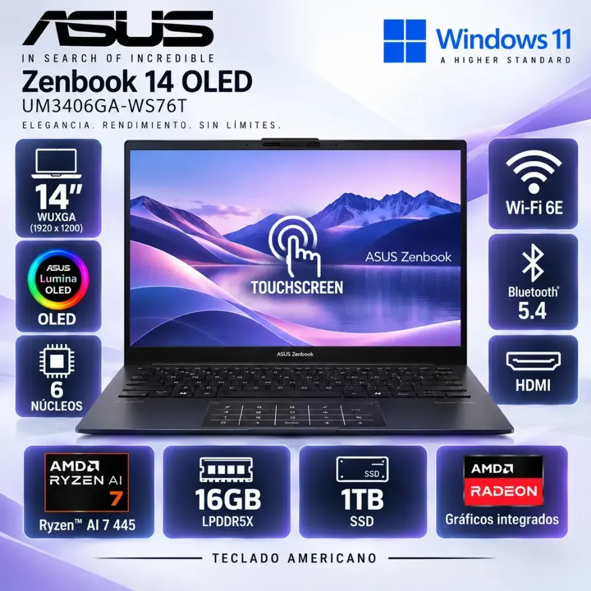 ASUS - ASUS ZENBOOK UM3406GA-WS76T Ryzen™ AI 7 445 1TB SSD 16GB 14" OLED TOUCHSCREEN WIN11 JADE BLACK