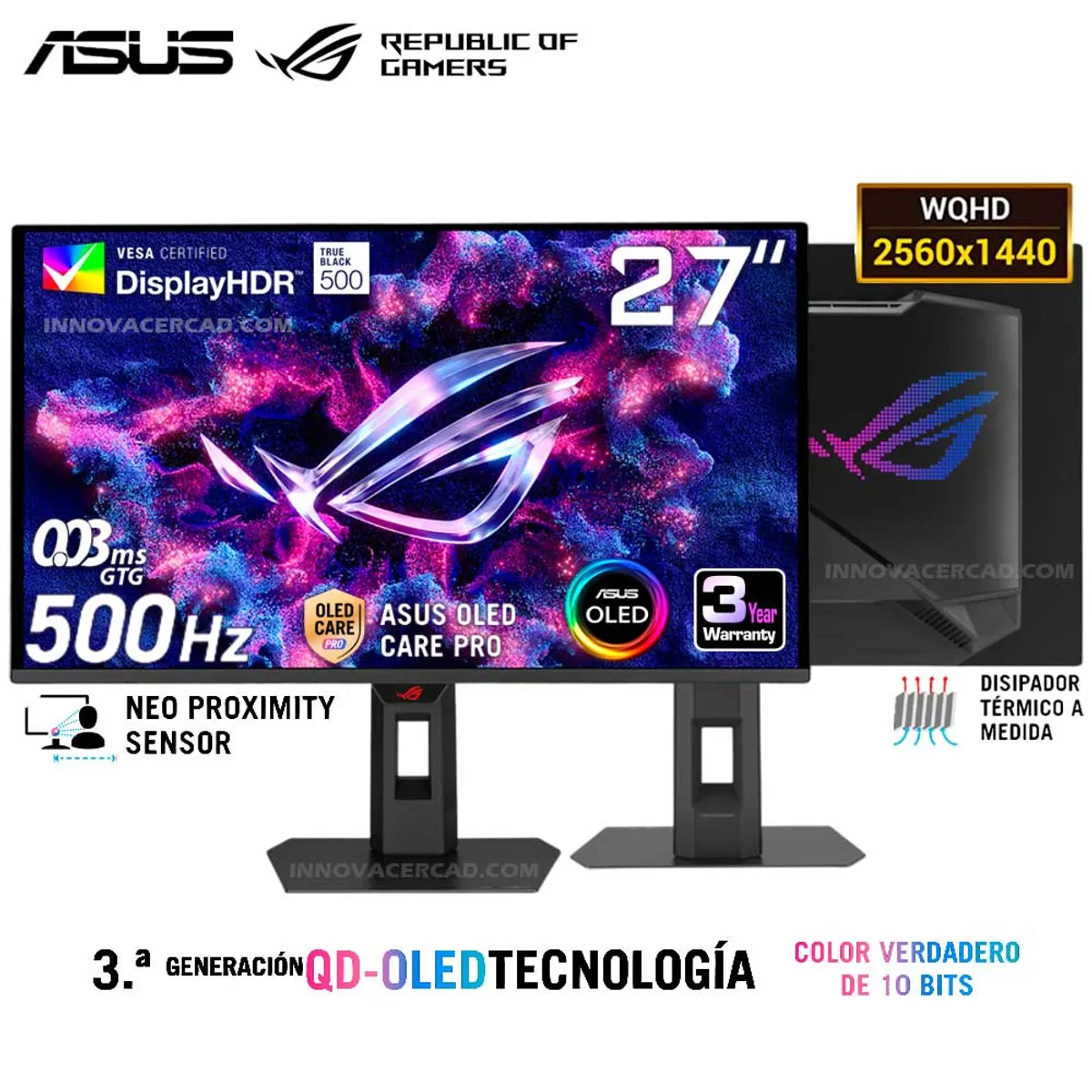 ASUS - Monitor ASUS Rog Strix XG27AQDPG, 26.5" QD-OLED, 2K QHD, 500Hz, 0.03ms, HDR 500 TrueBlack G-Sync